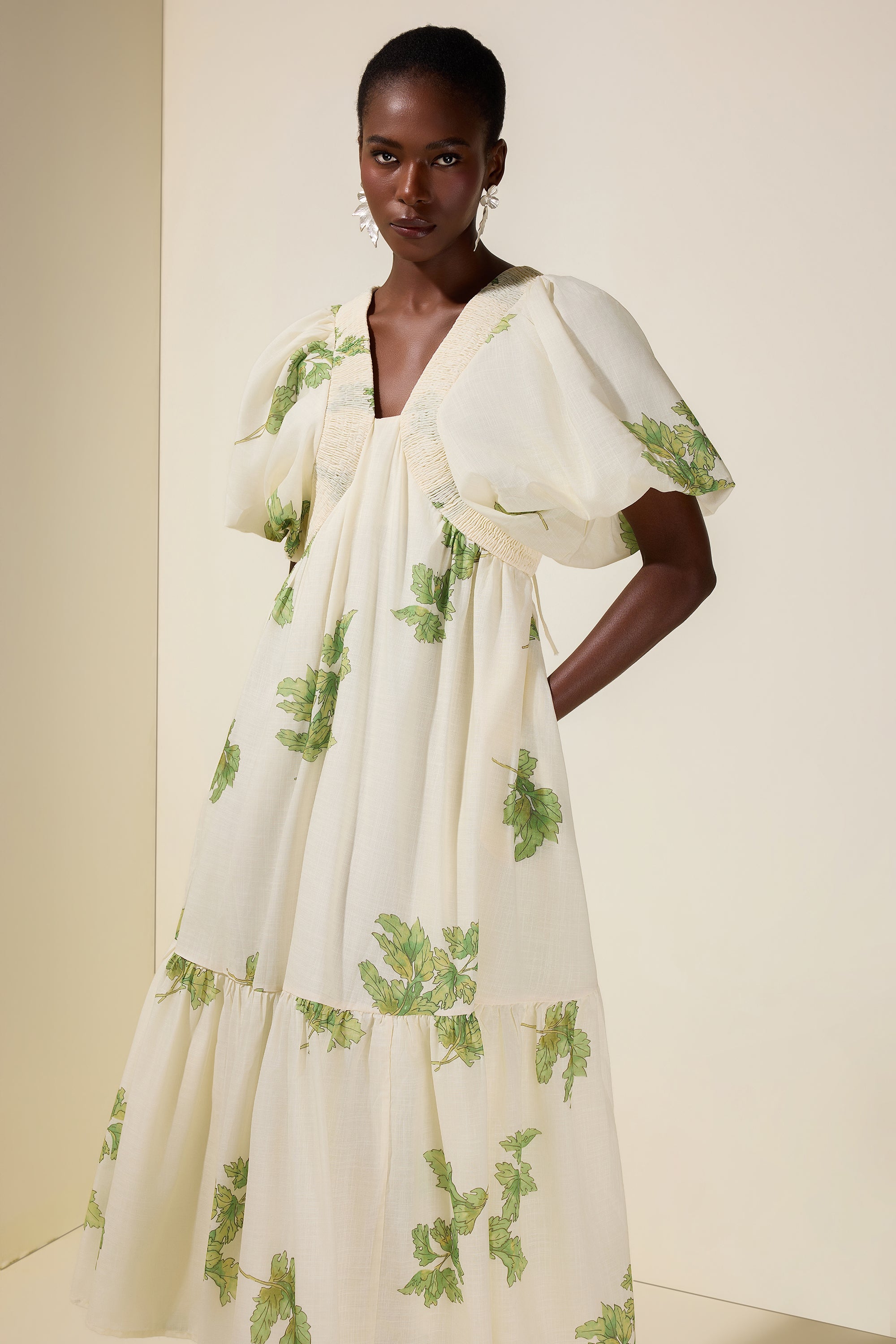 Botanical Print Smocking Puff Sleeve Midi Dress