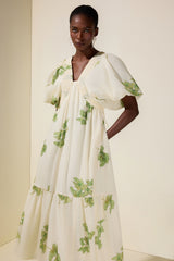 Botanical Print Smocking Puff Sleeve Midi Dress