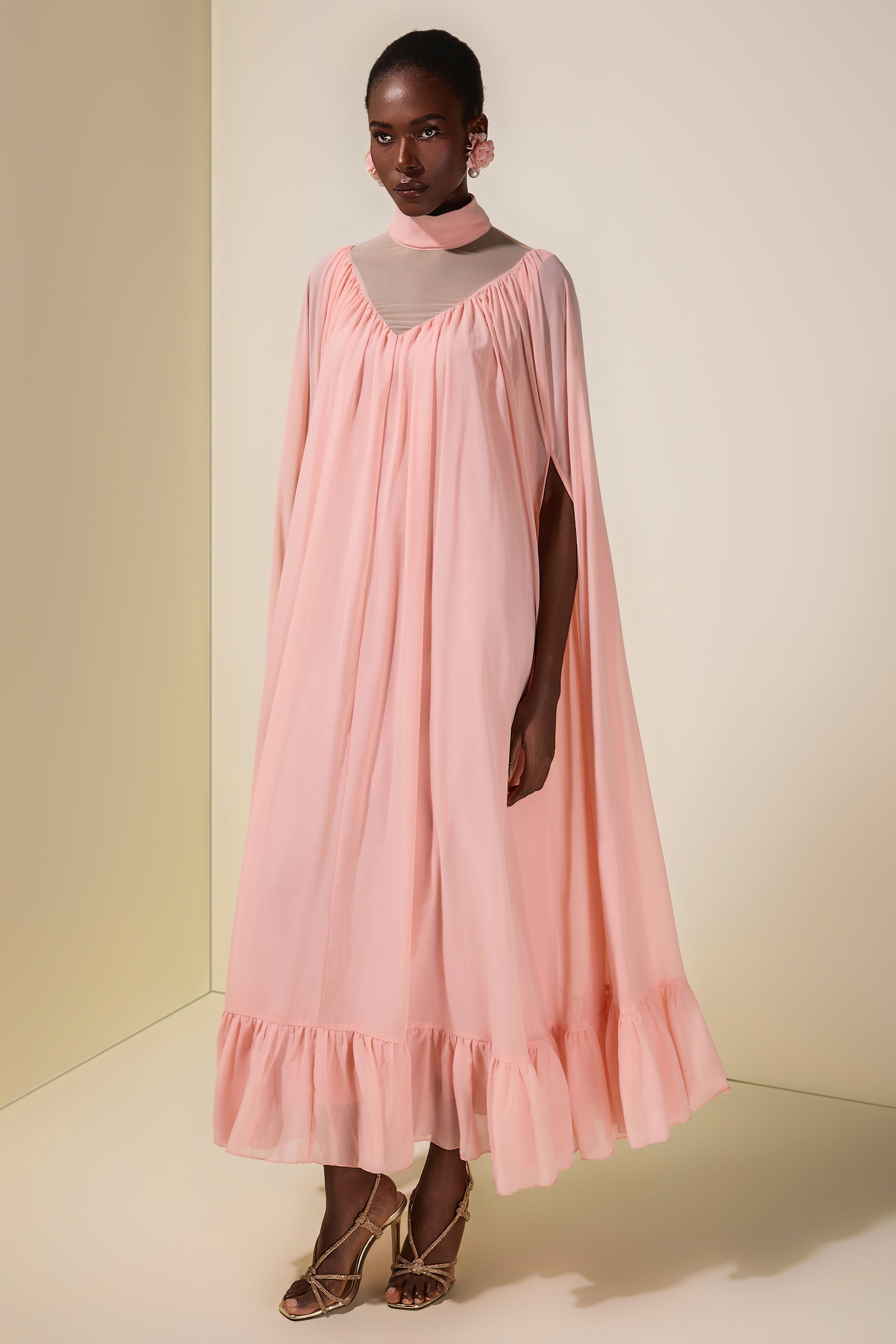 Chiffon Ruffle Cape Sleeve Maxi Dress