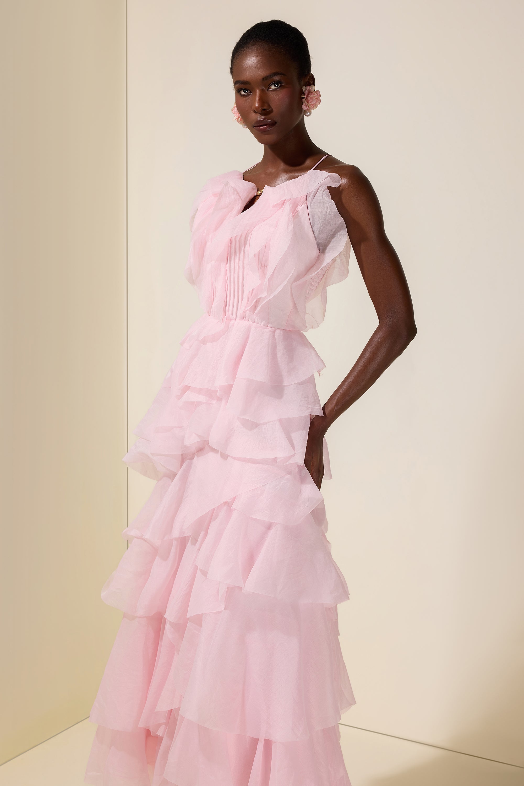 Ruffle Solid Slip Maxi Dress