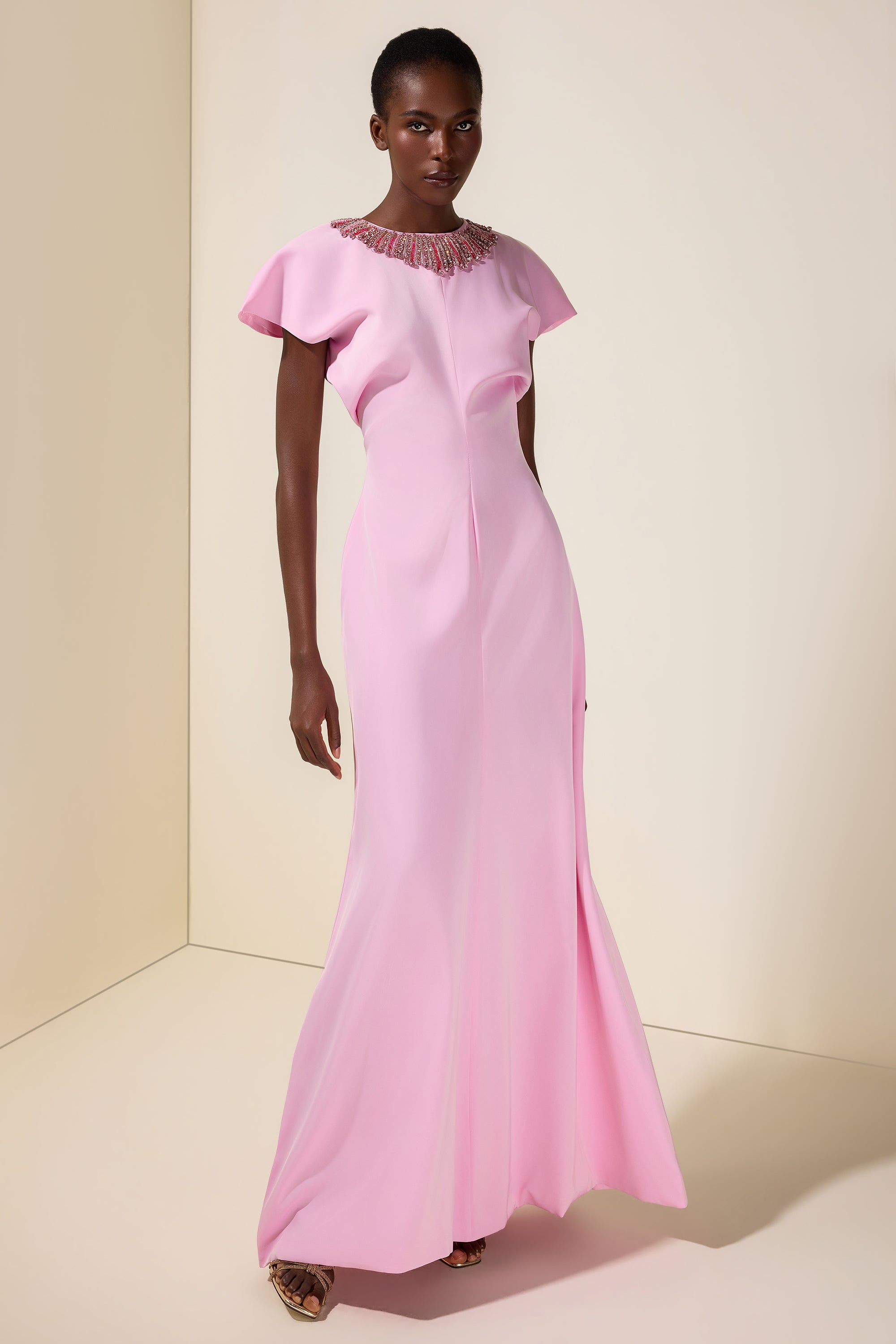 Nail Bead Embroidery Satin Batwing Sleeve Maxi Dress