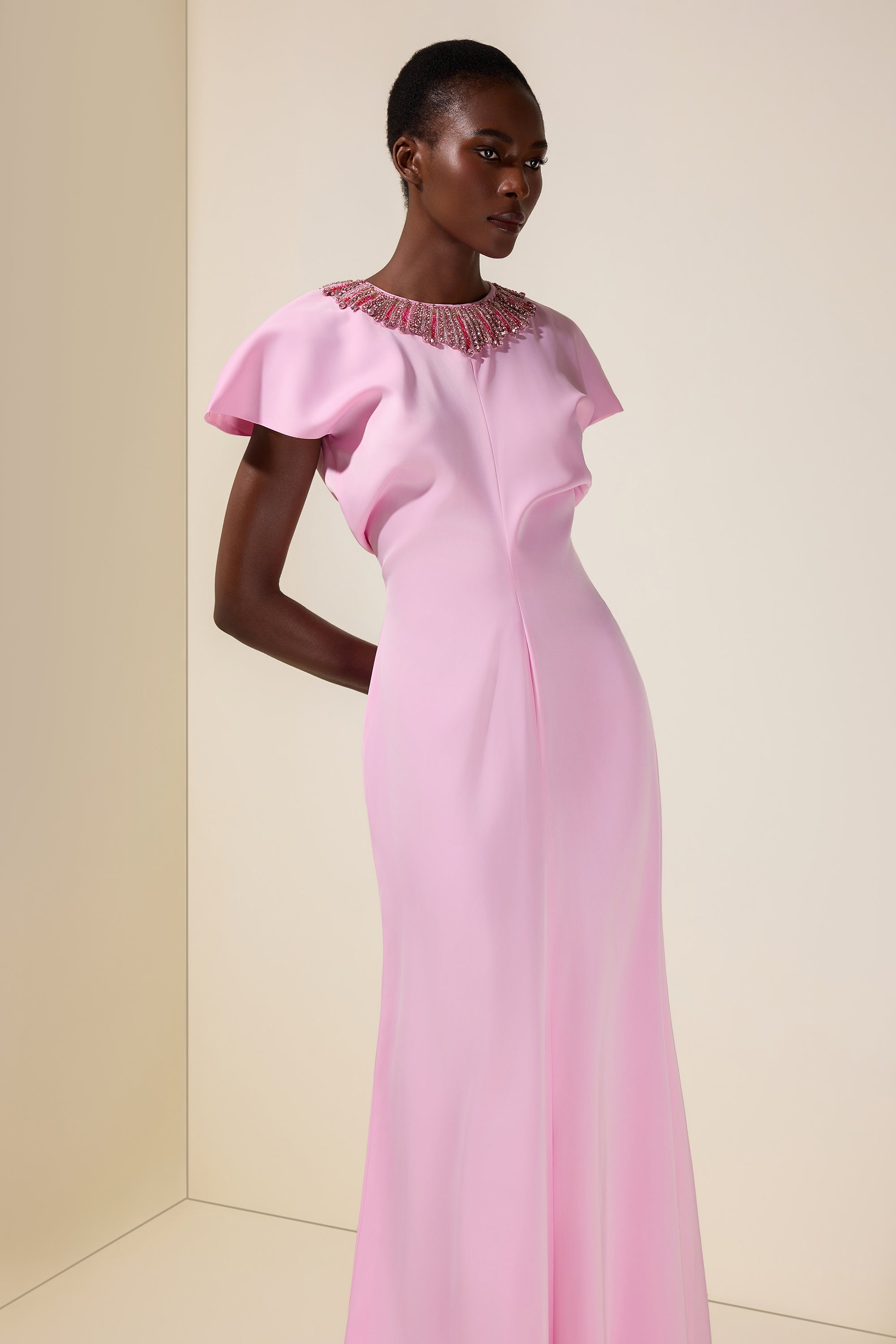 Nail Bead Embroidery Satin Batwing Sleeve Maxi Dress