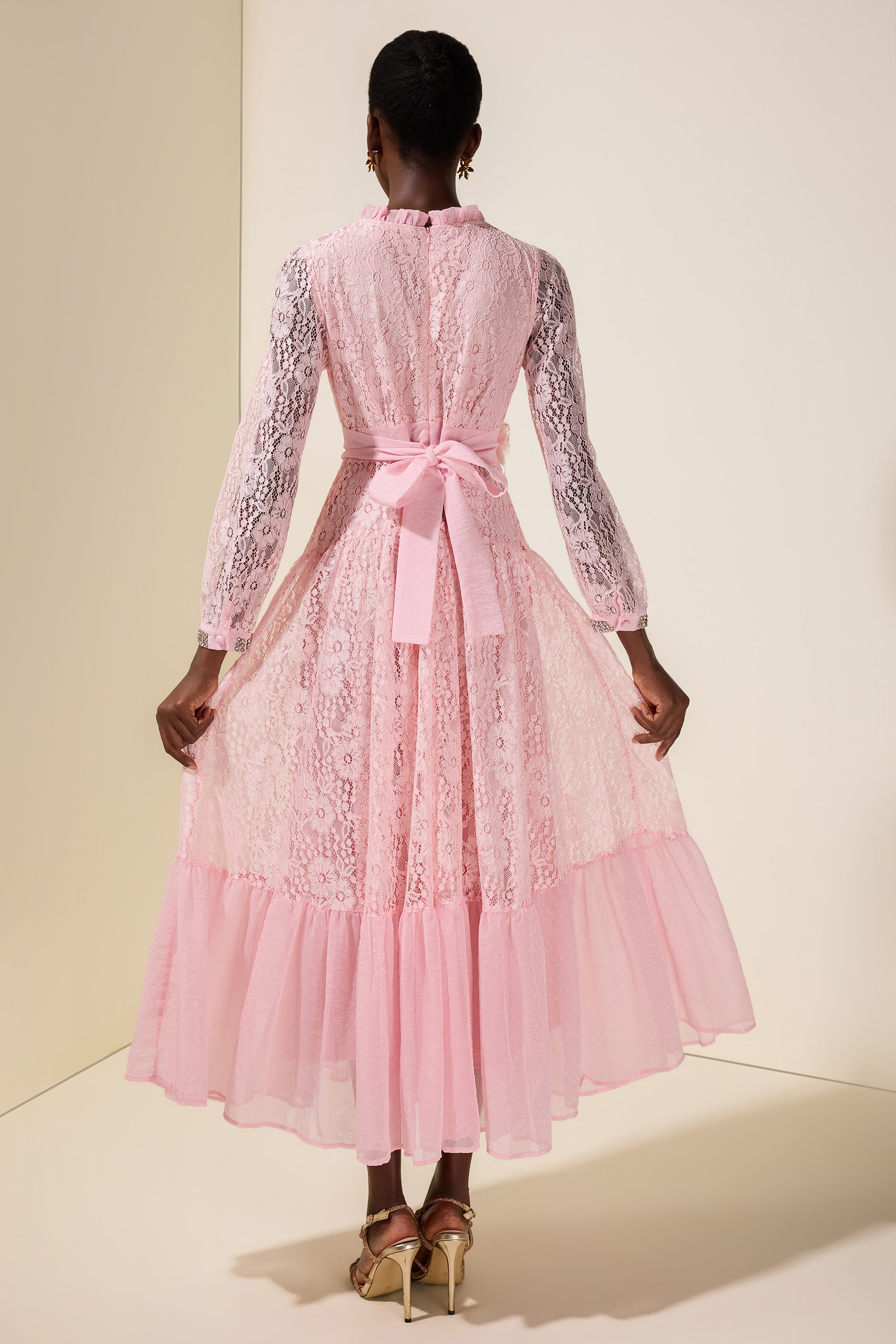 Lace 3D Flower Rhinestone Rivets Midi Dress