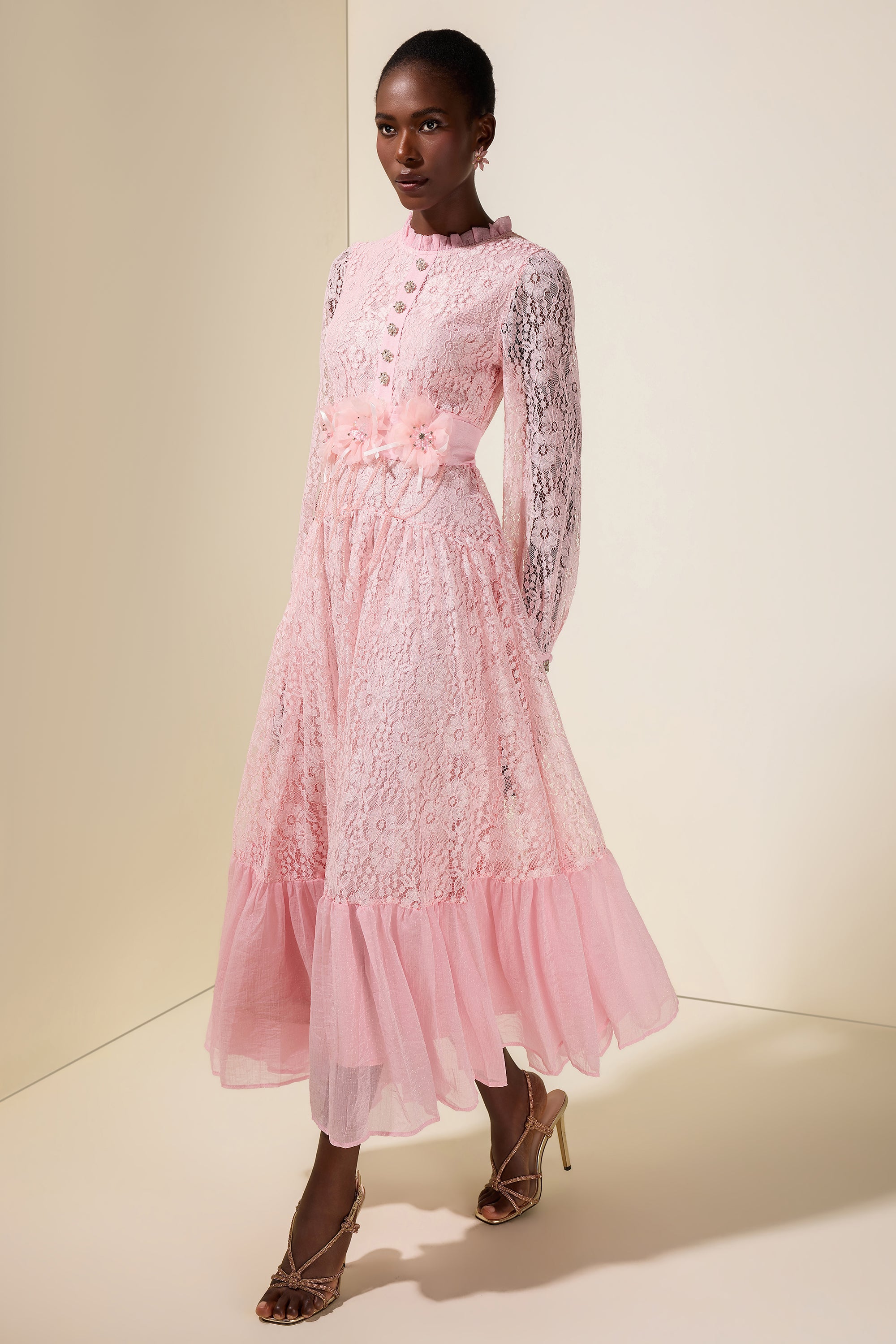 Lace 3D Flower Rhinestone Rivets Midi Dress