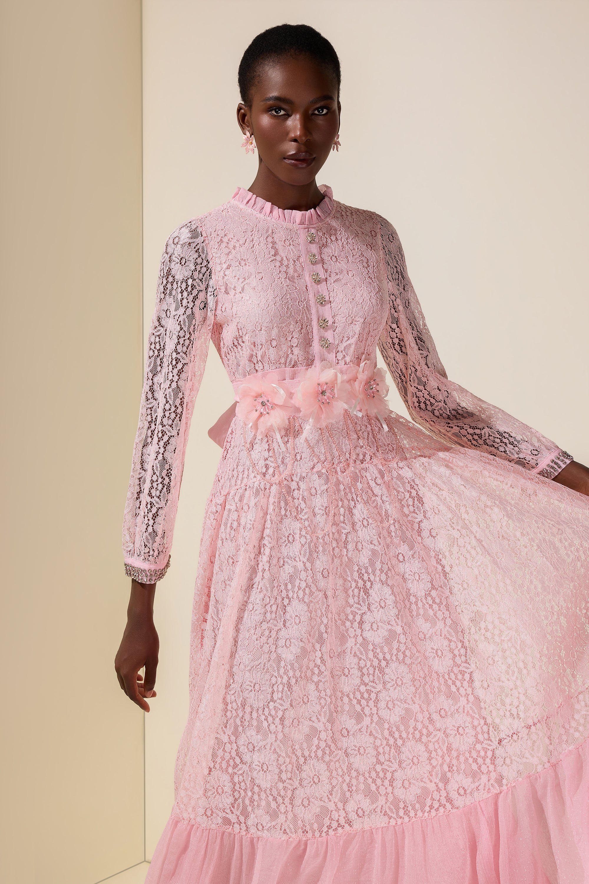 Lace 3D Flower Rhinestone Rivets Midi Dress