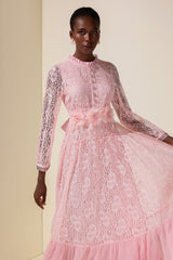 Lace 3D Flower Rhinestone Rivets Midi Dress