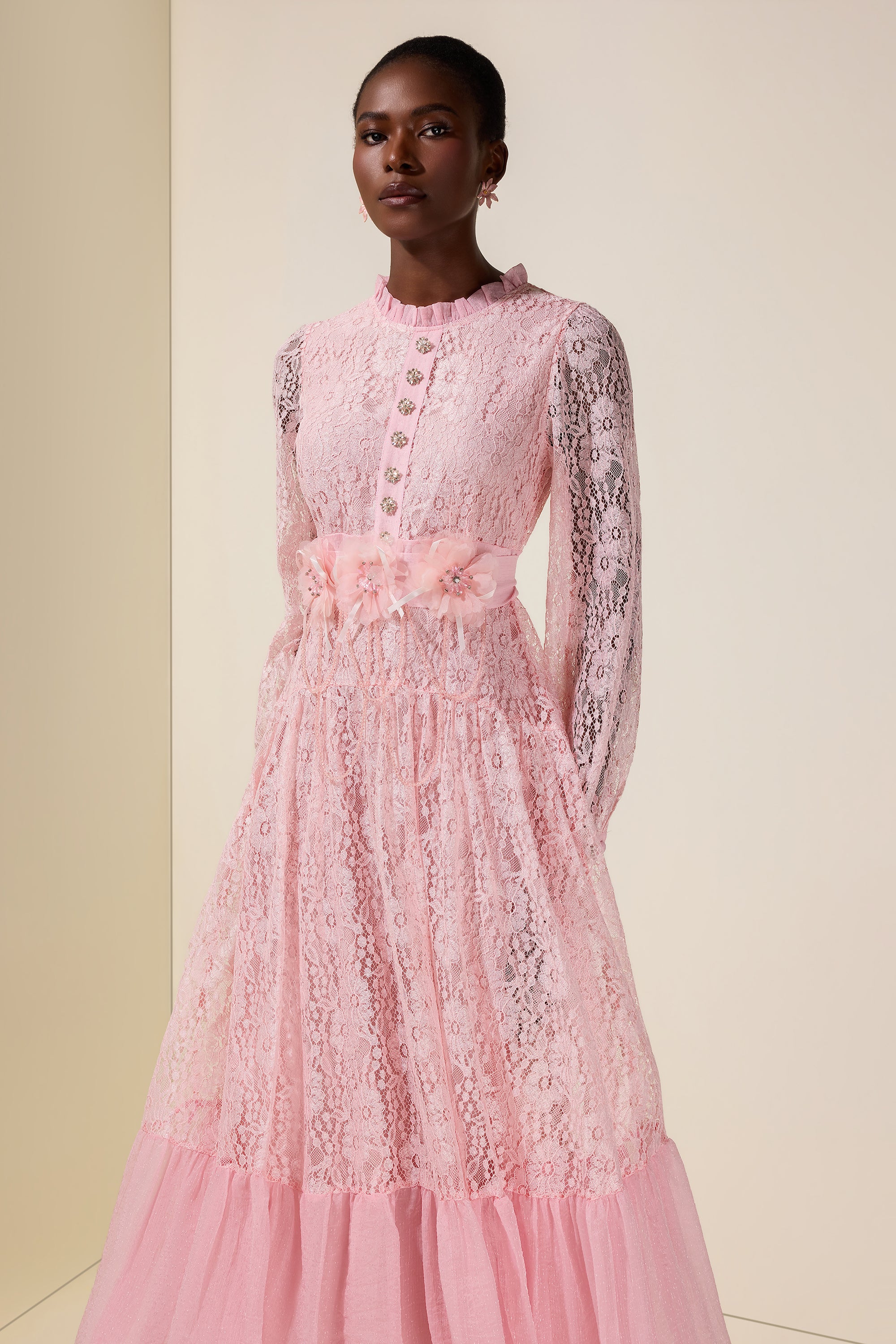 Lace 3D Flower Rhinestone Rivets Midi Dress