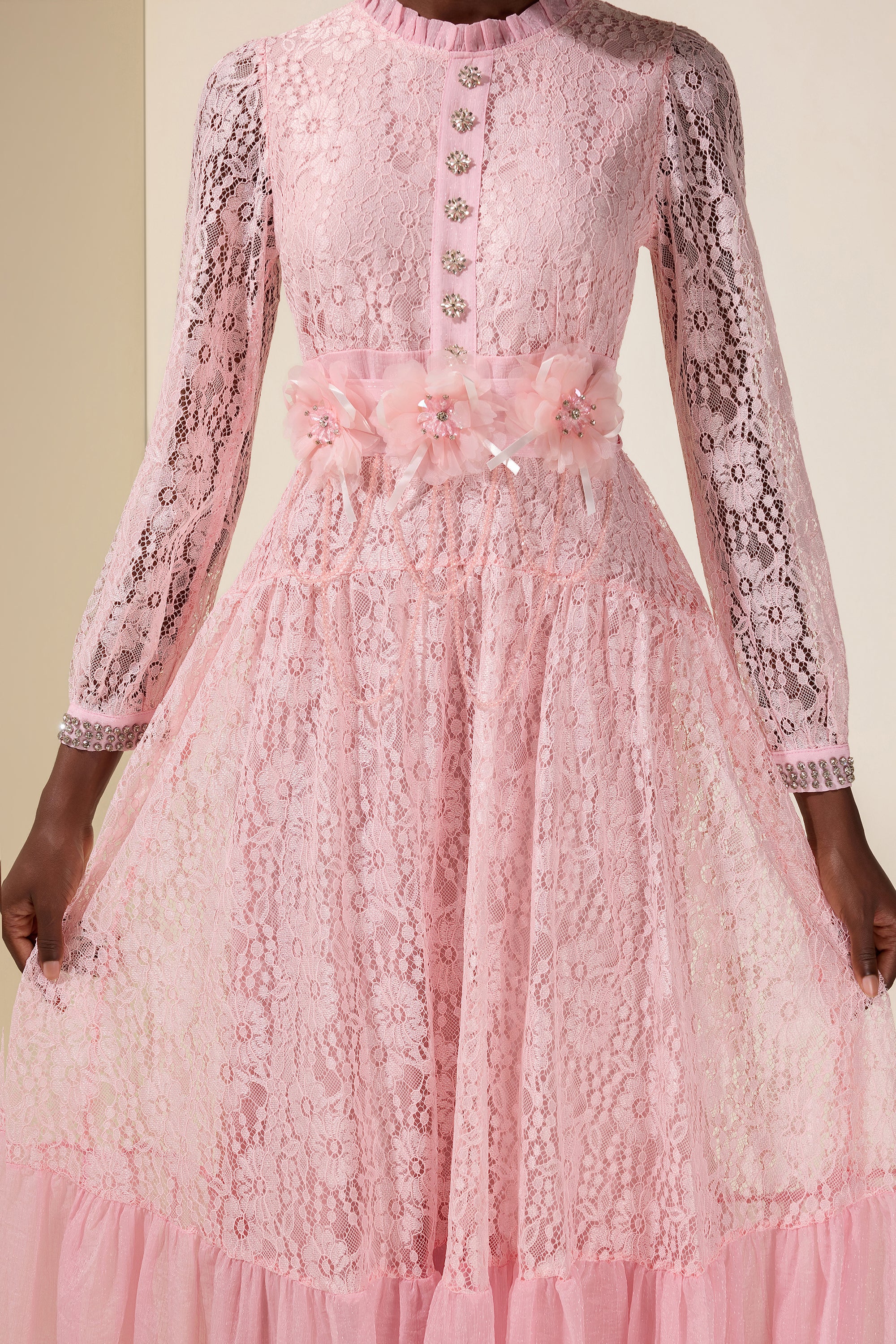 Lace 3D Flower Rhinestone Rivets Midi Dress