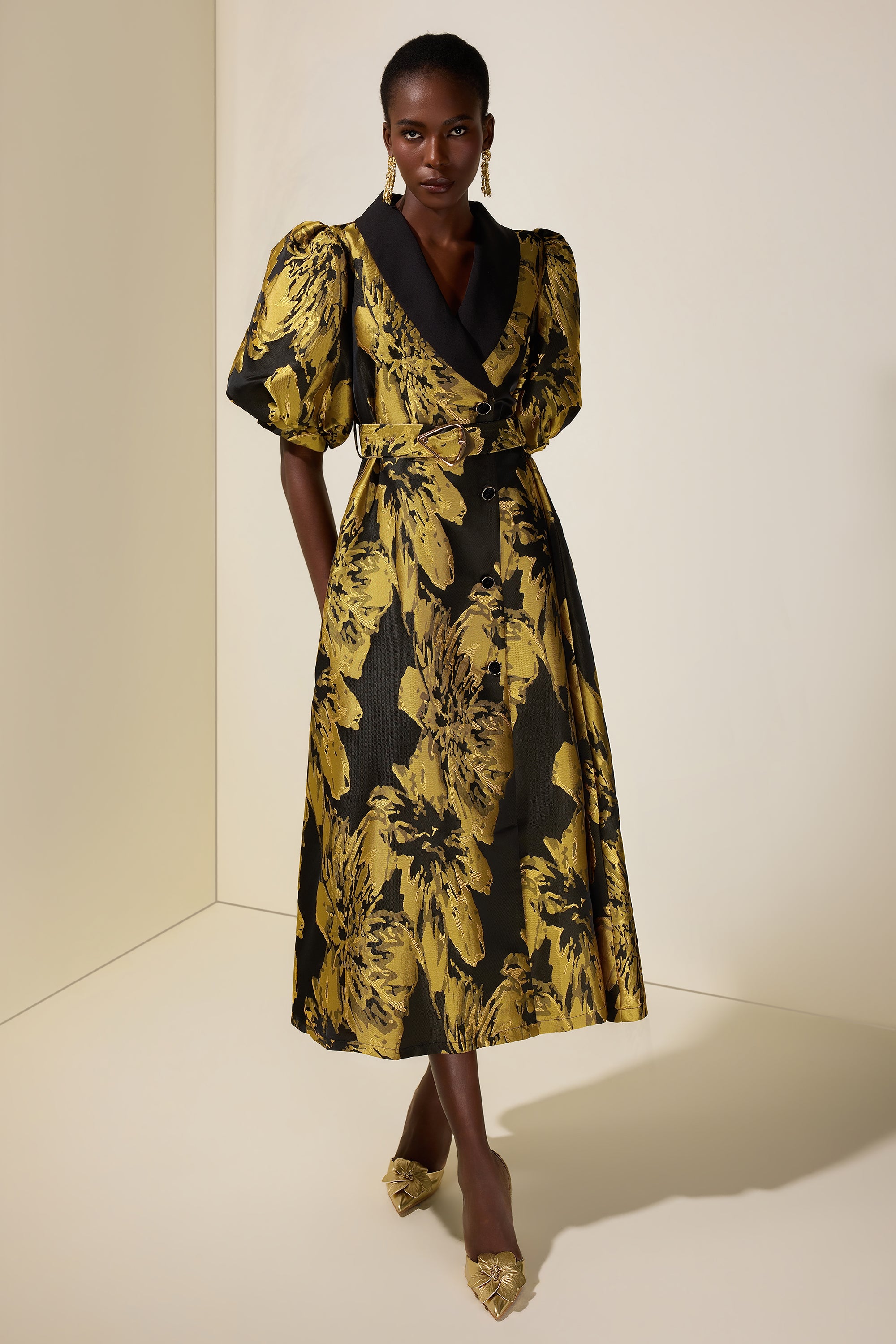 Jacquard Puff Sleeve Single Breasted Midi Dress With Belt