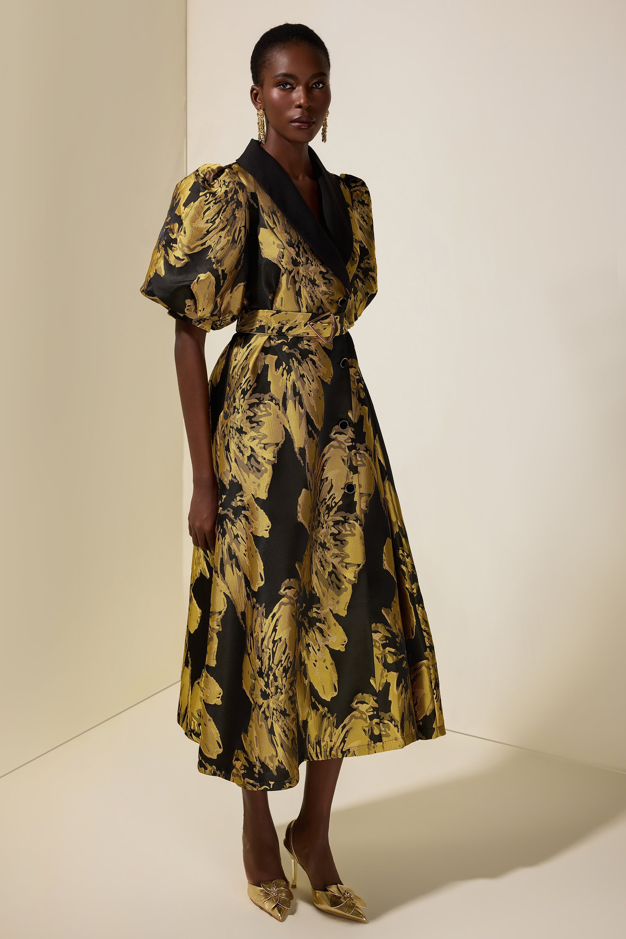 Jacquard Puff Sleeve Single Breasted Midi Dress With Belt