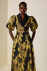 Jacquard Puff Sleeve Single Breasted Midi Dress With Belt