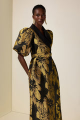 Jacquard Puff Sleeve Single Breasted Midi Dress With Belt