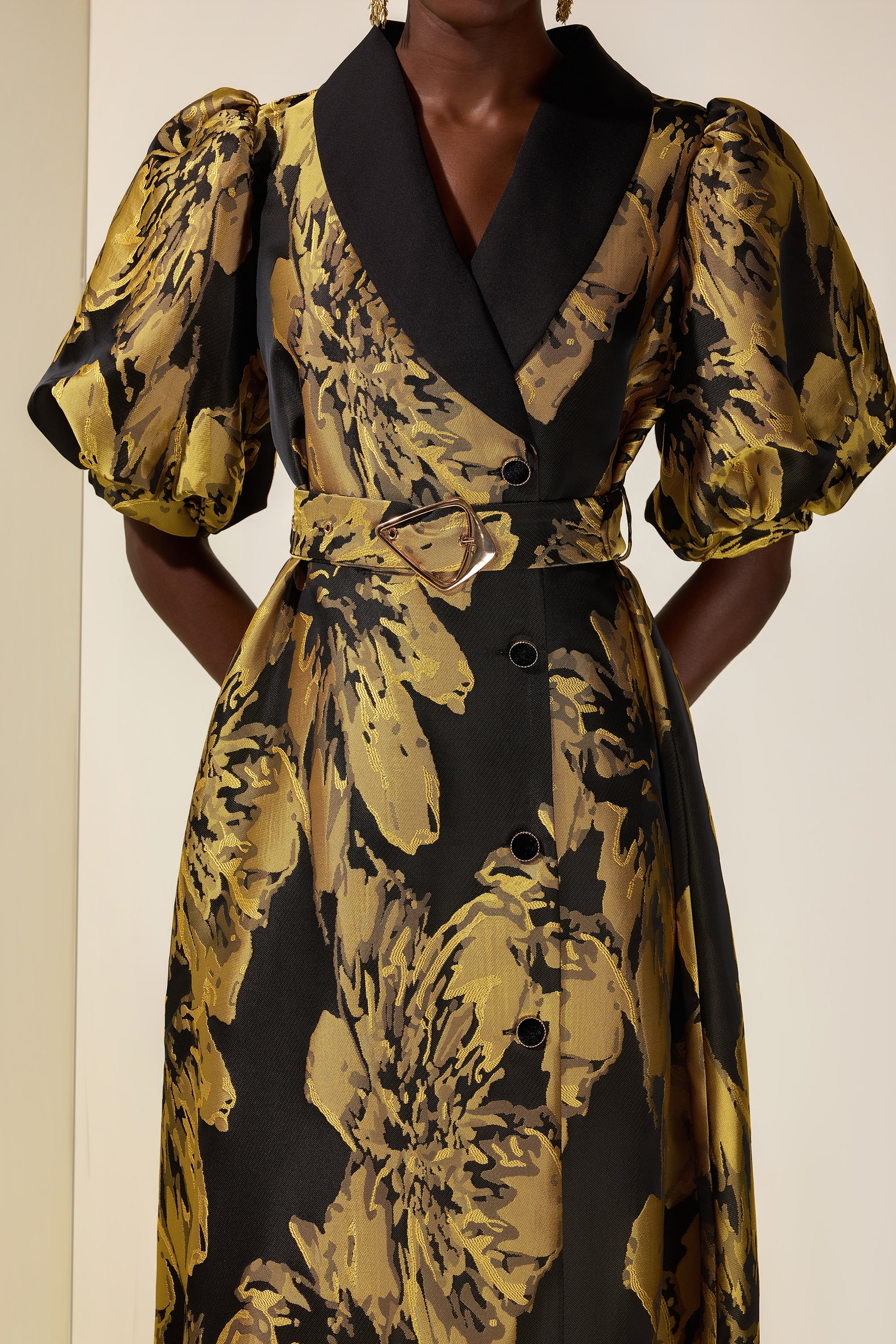 Jacquard Puff Sleeve Single Breasted Midi Dress With Belt
