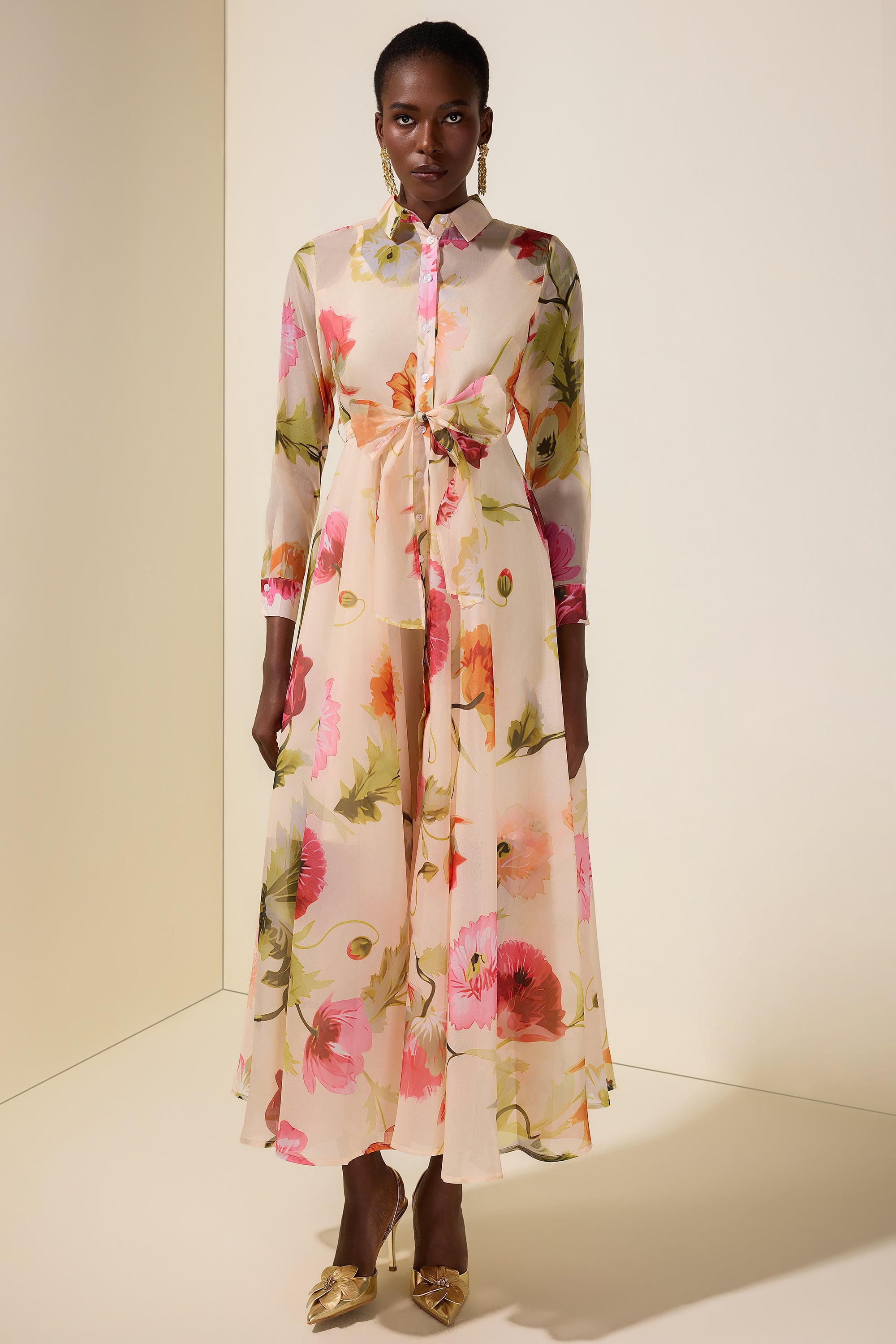 Floral Organza Single Breasted Midi Dress