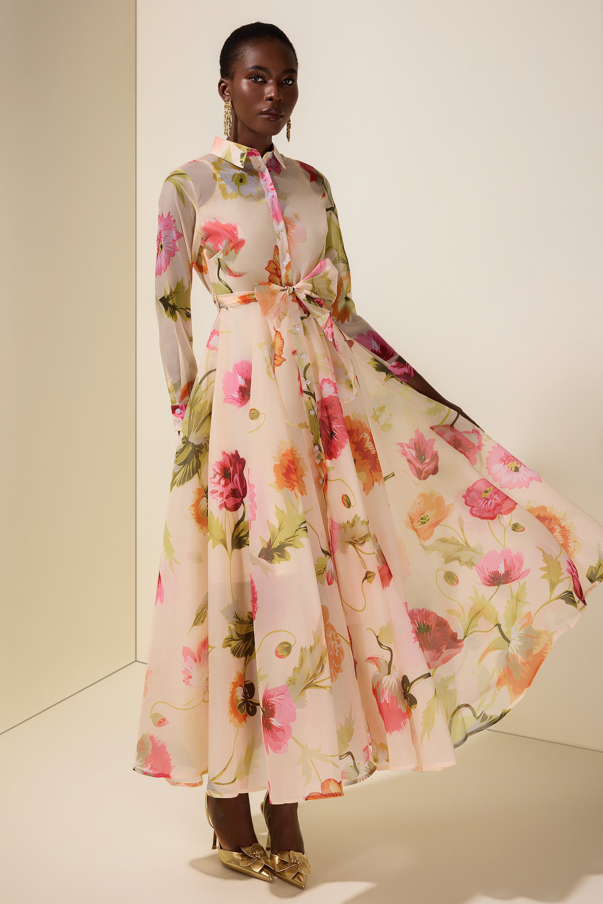 Floral Organza Single Breasted Midi Dress
