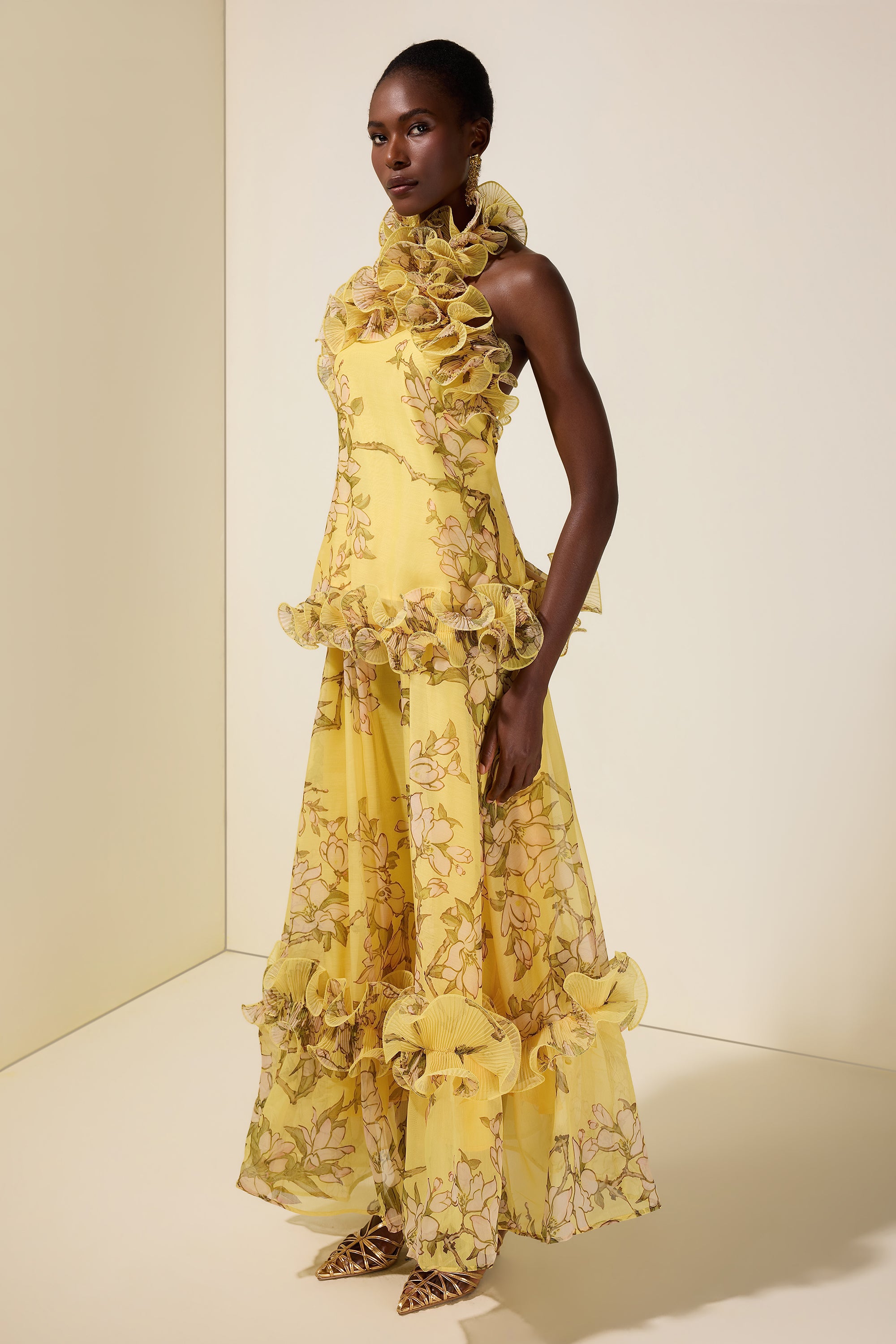 Floral Halter Neck Ruffle Top & Mid Waist Maxi Skirt Set