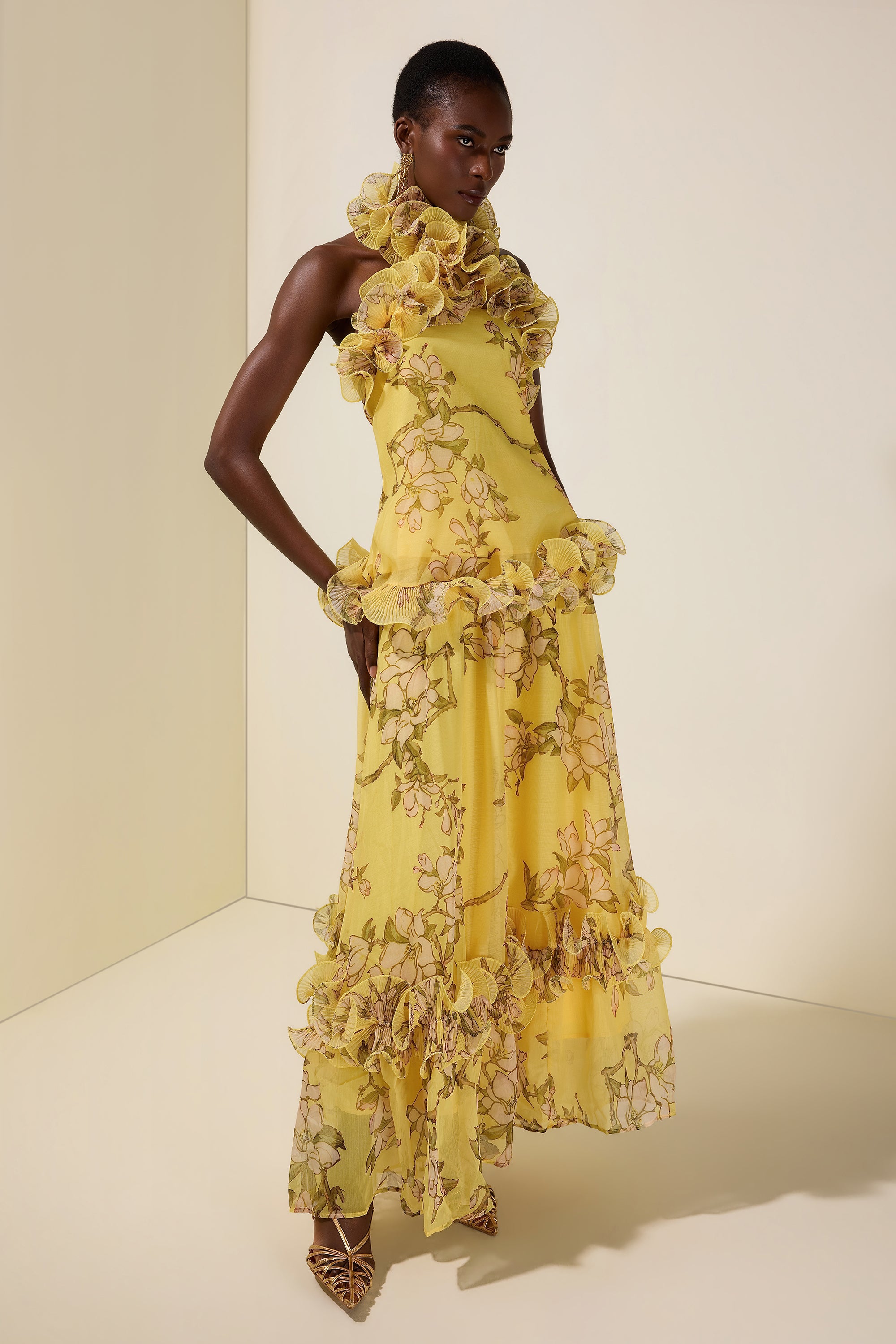 Floral Halter Neck Ruffle Top & Mid Waist Maxi Skirt Set