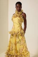 Floral Halter Neck Ruffle Top & Mid Waist Maxi Skirt Set