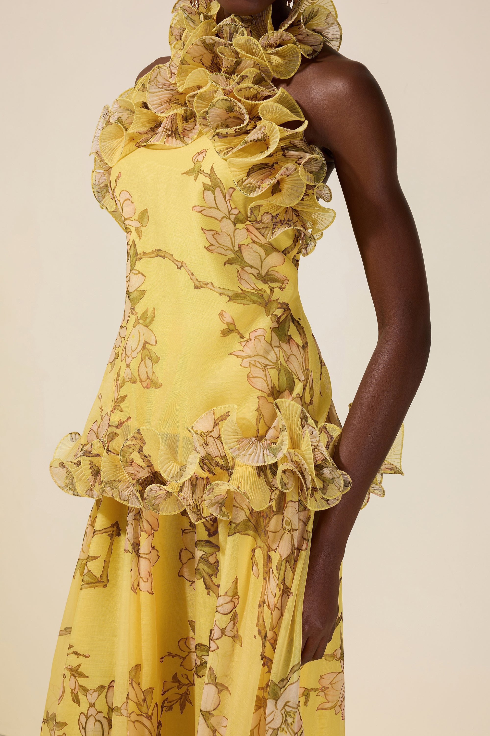 Floral Halter Neck Ruffle Top & Mid Waist Maxi Skirt Set