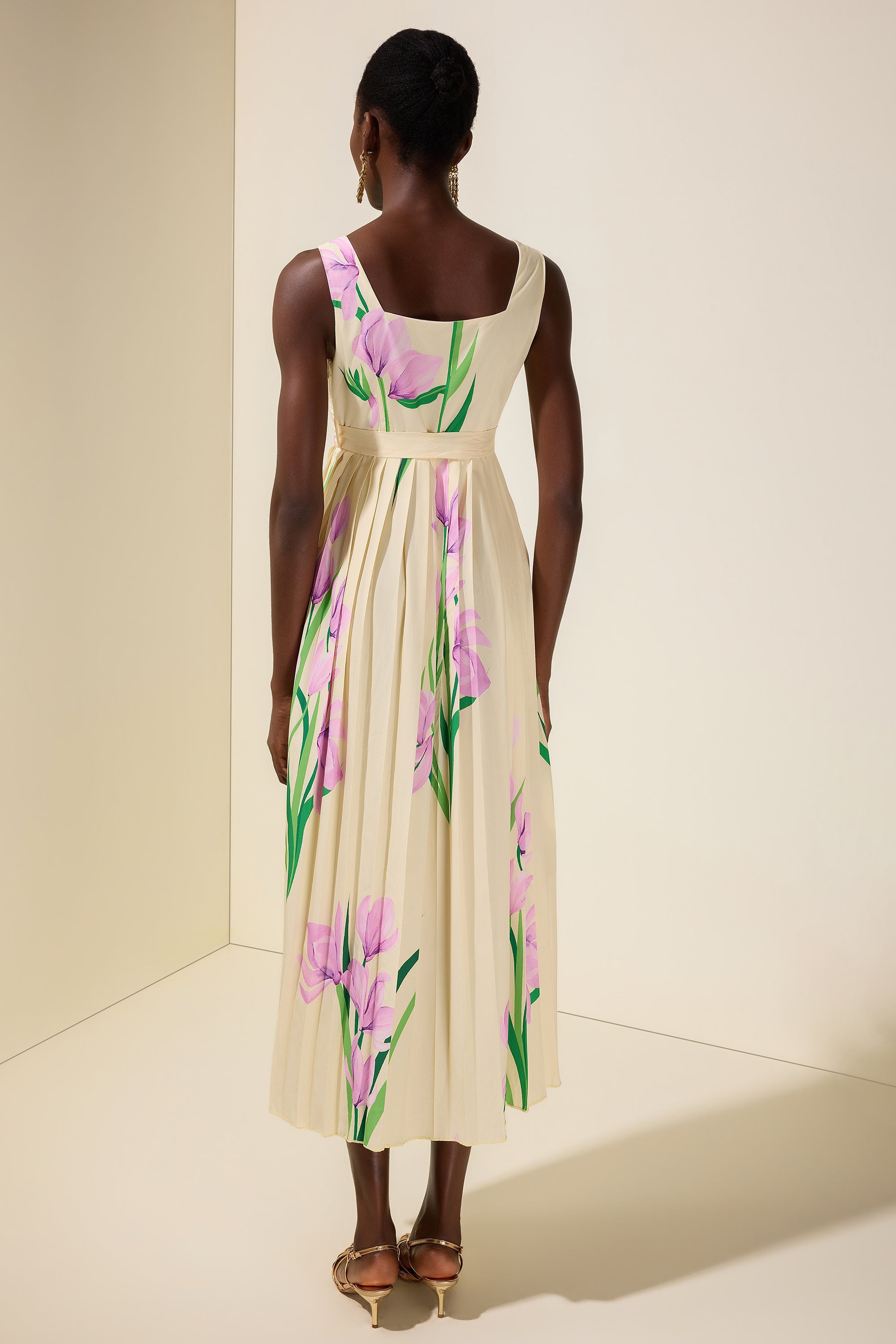 Floral Square Collar Pleated Midi Dress