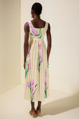 Floral Square Collar Pleated Midi Dress