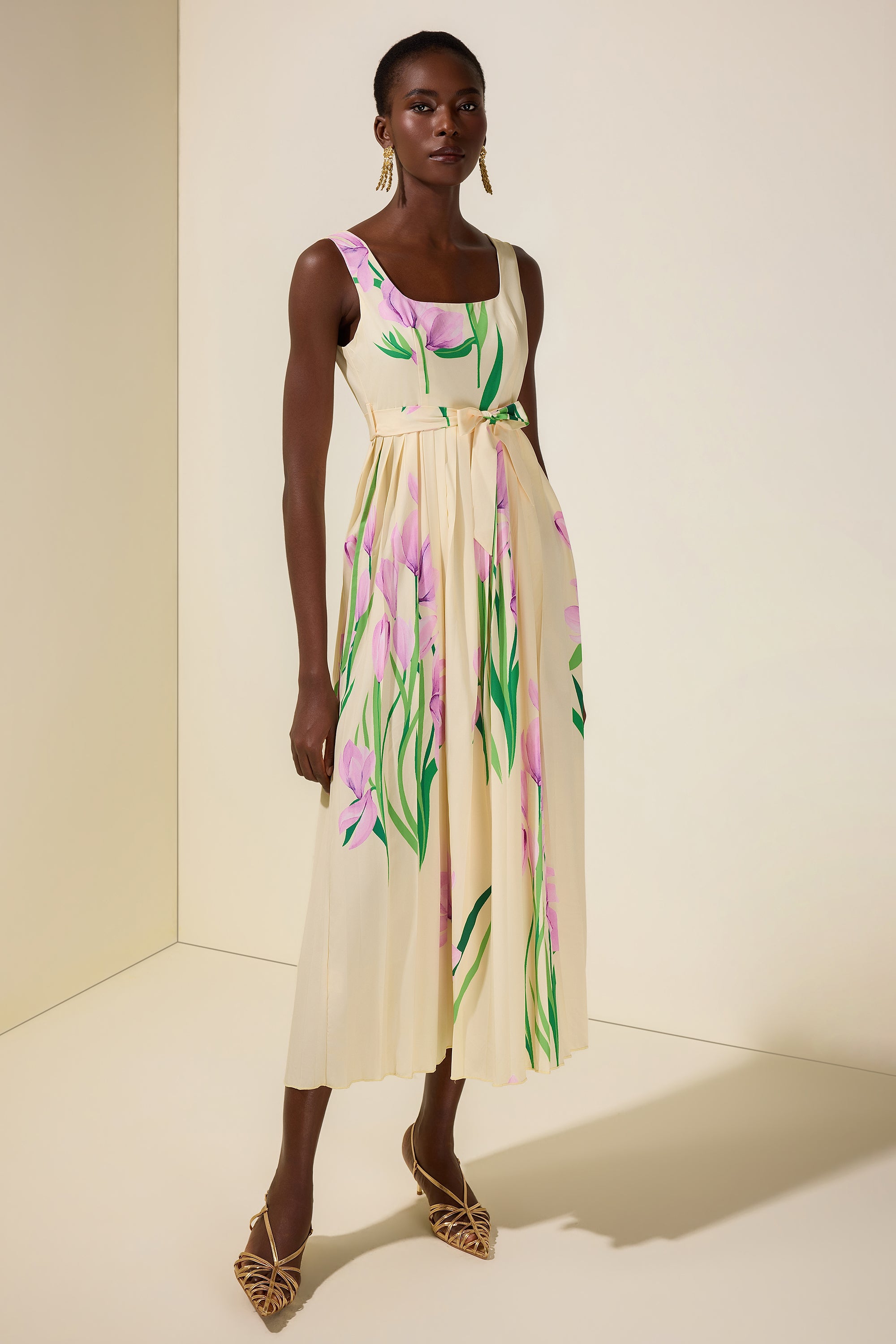 Floral Square Collar Pleated Midi Dress