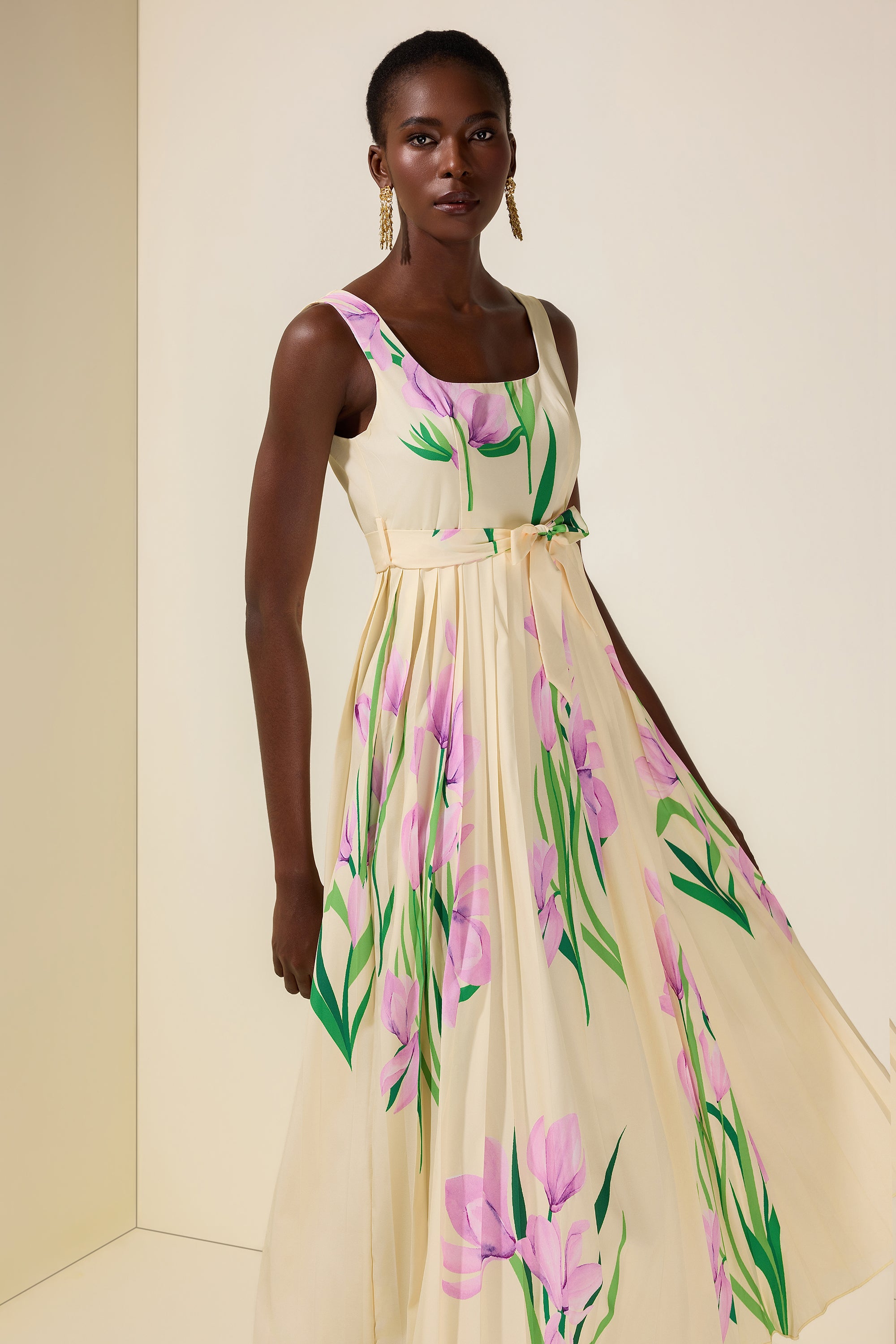 Floral Square Collar Pleated Midi Dress