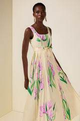 Floral Square Collar Pleated Midi Dress