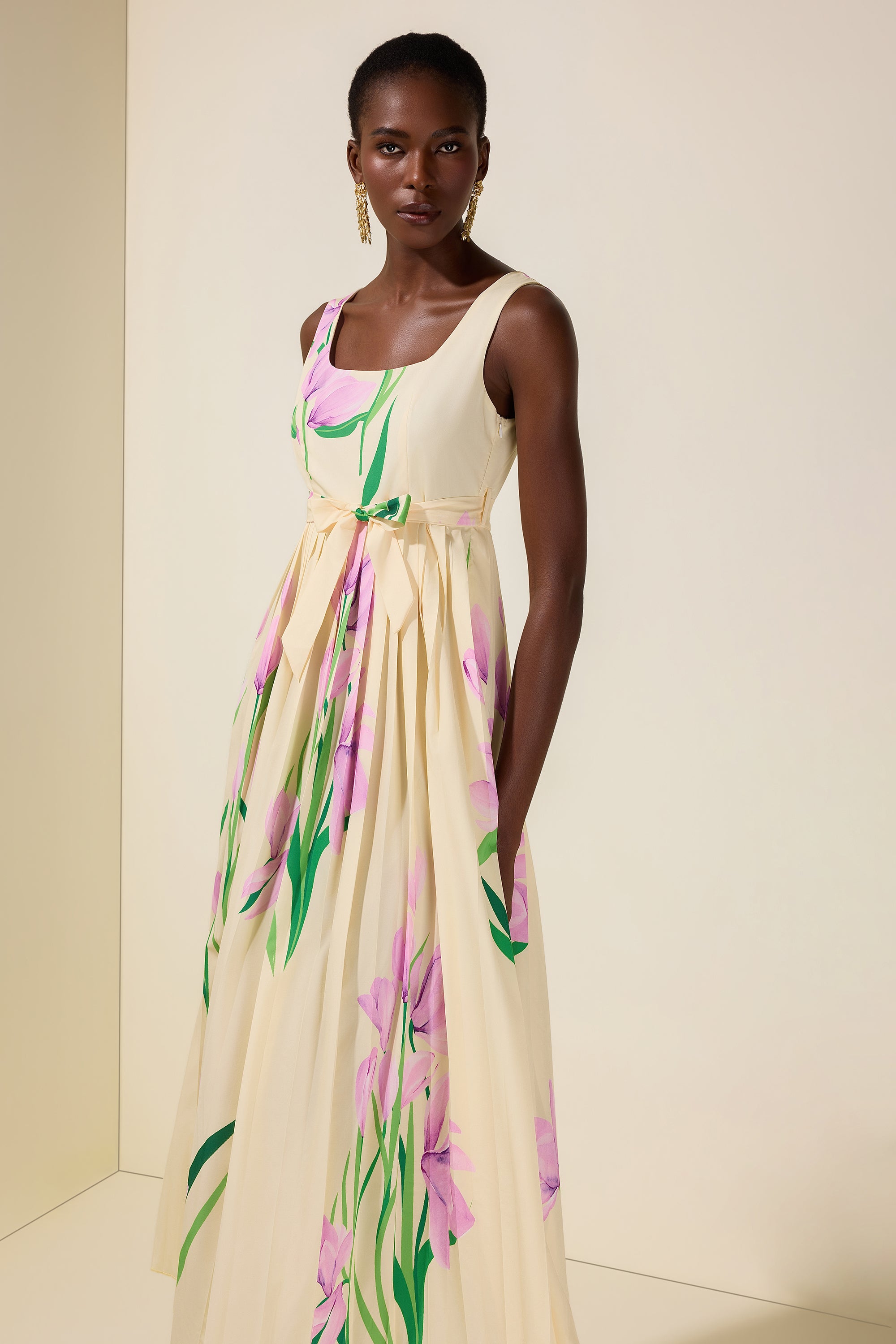 Floral Square Collar Pleated Midi Dress
