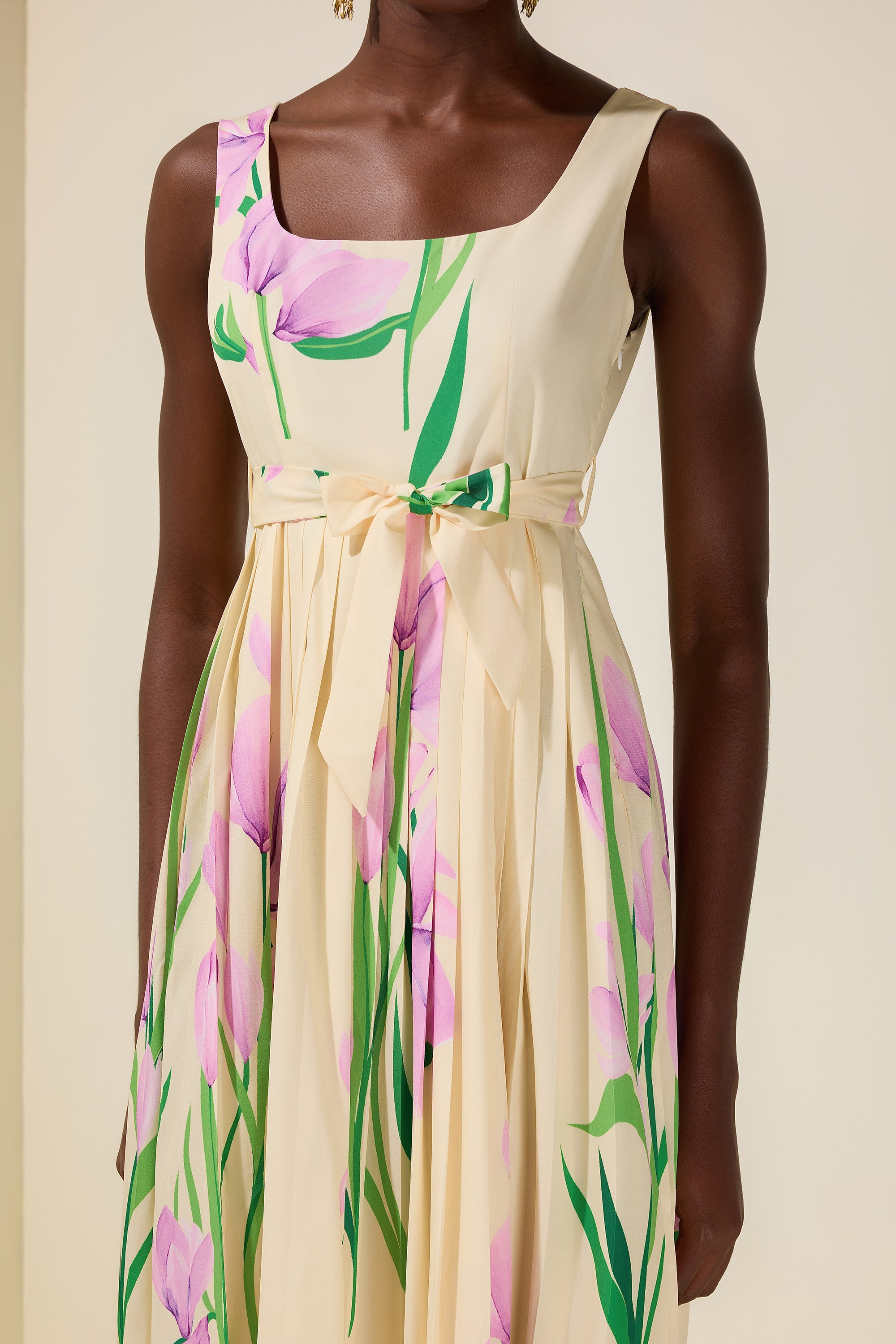Floral Square Collar Pleated Midi Dress
