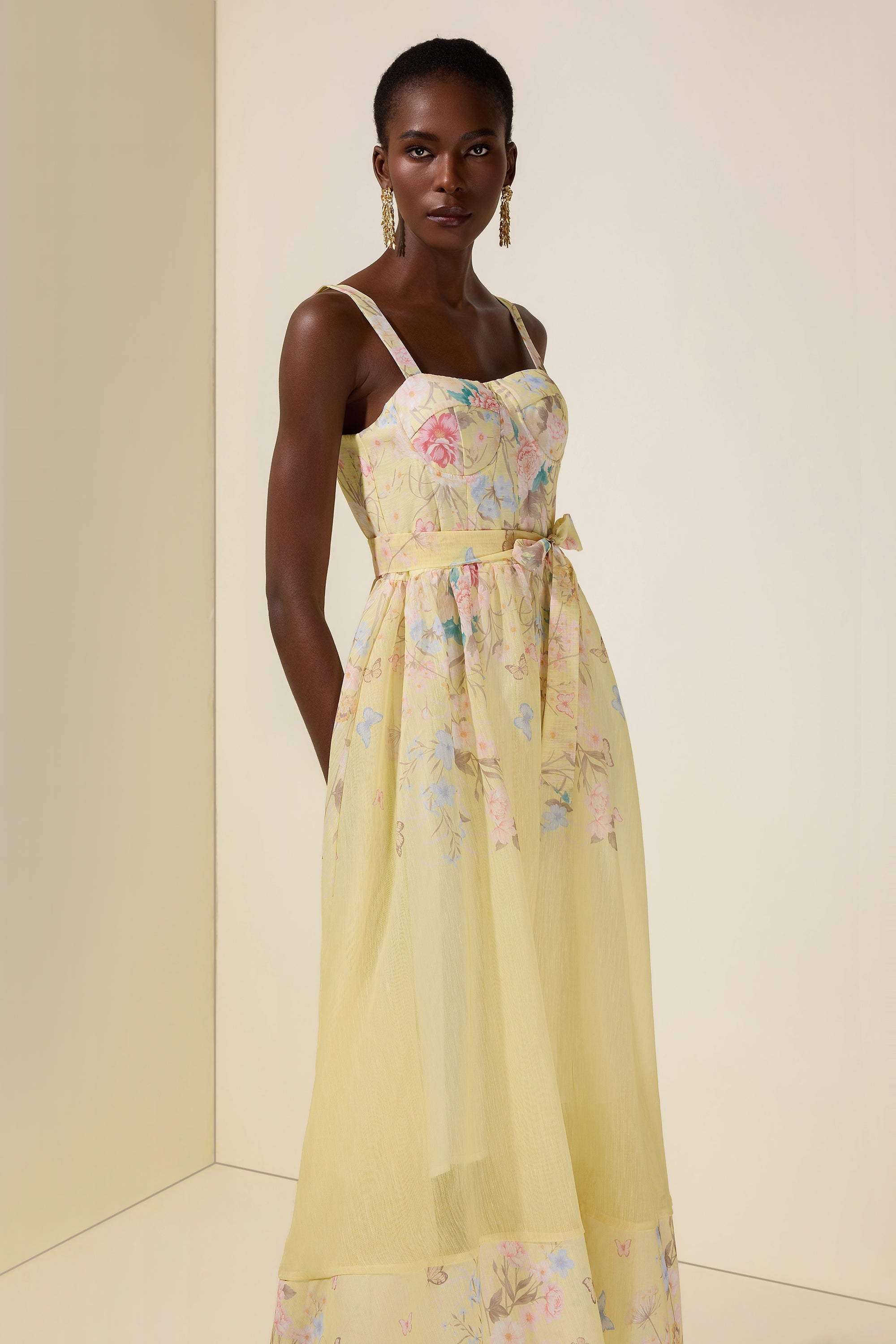 Floral Smocking Square Collar Midi Dress With Belt