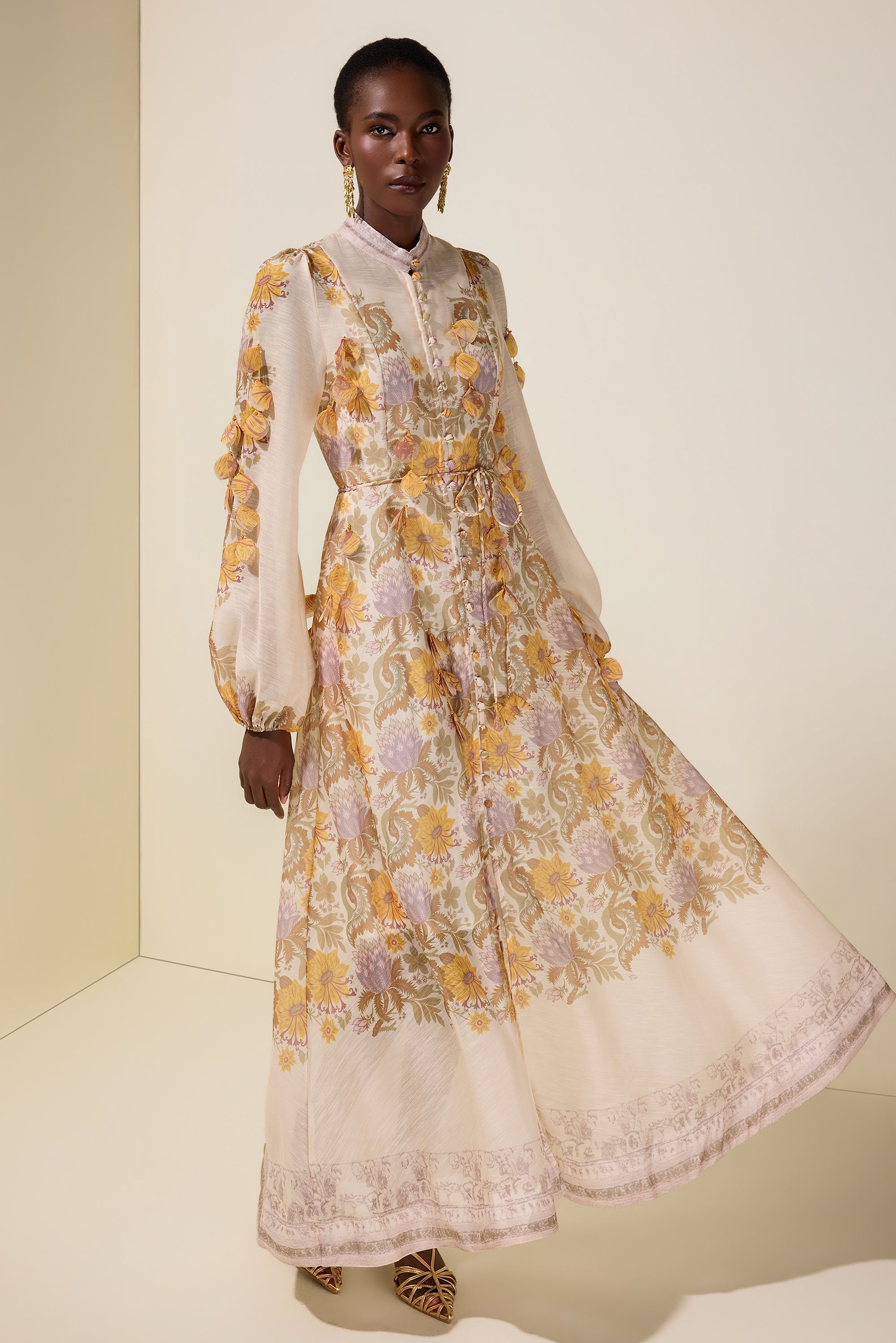 Floral Beaded Single Breasted Maxi Dress