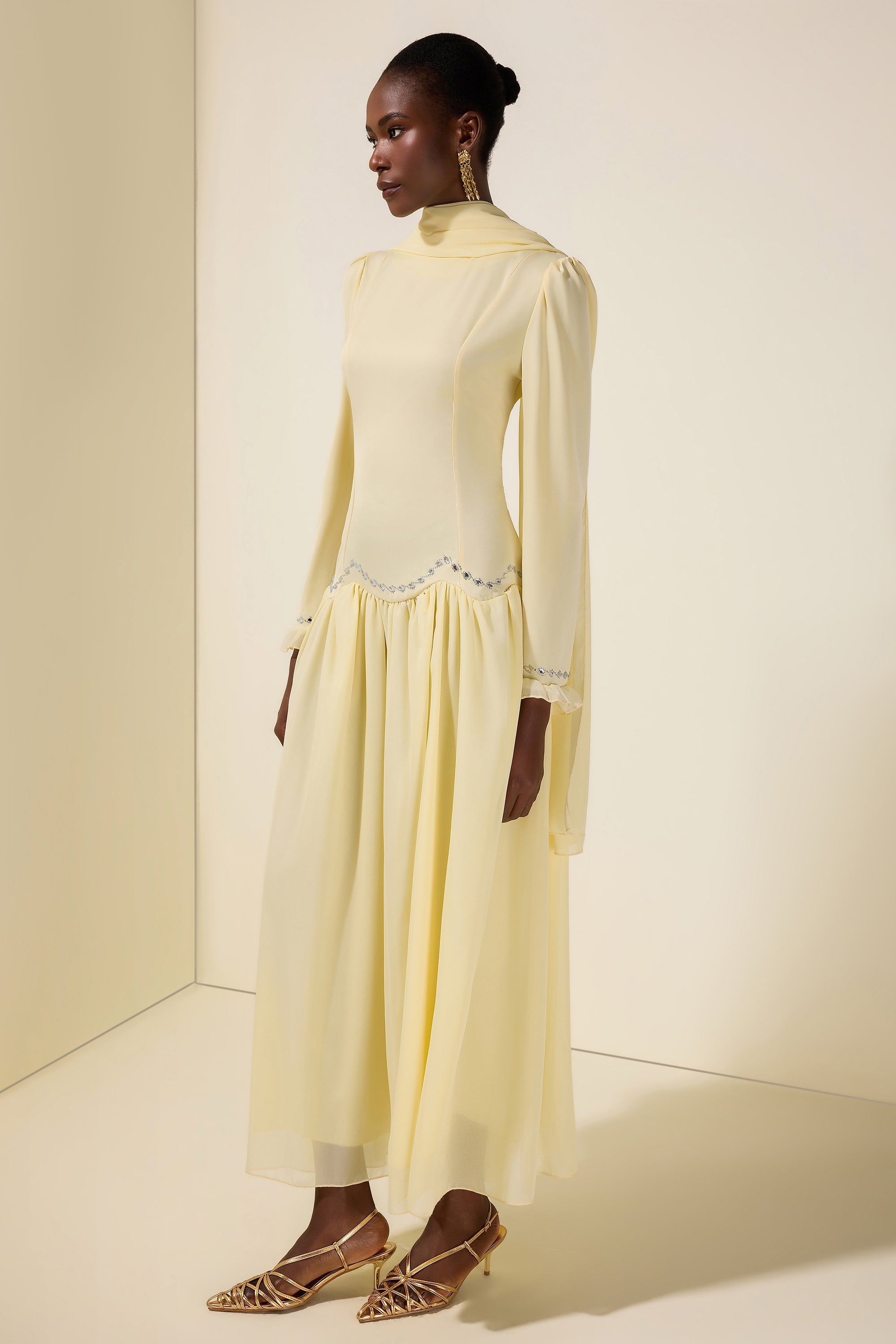 Satin Splicing Chiffon Rhinestone Maxi Dress