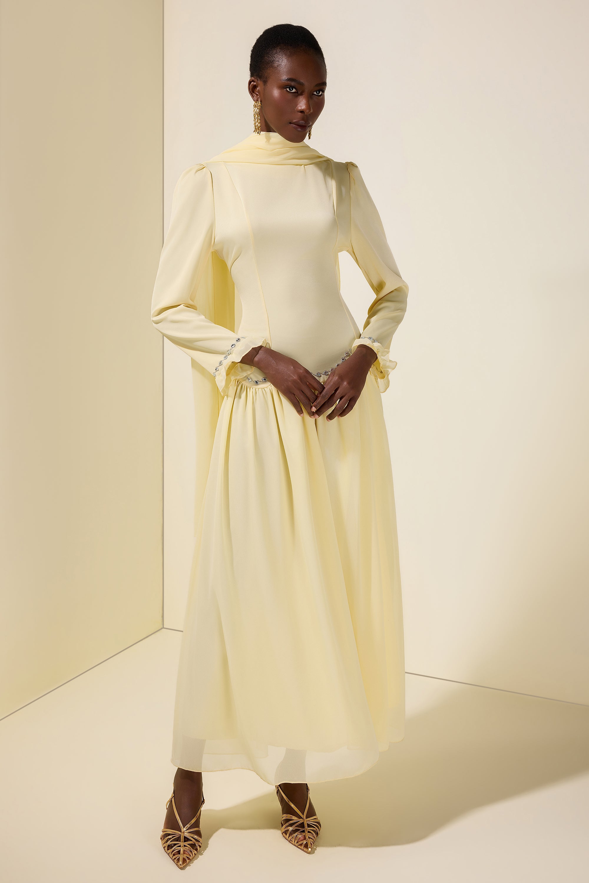 Satin Splicing Chiffon Rhinestone Maxi Dress