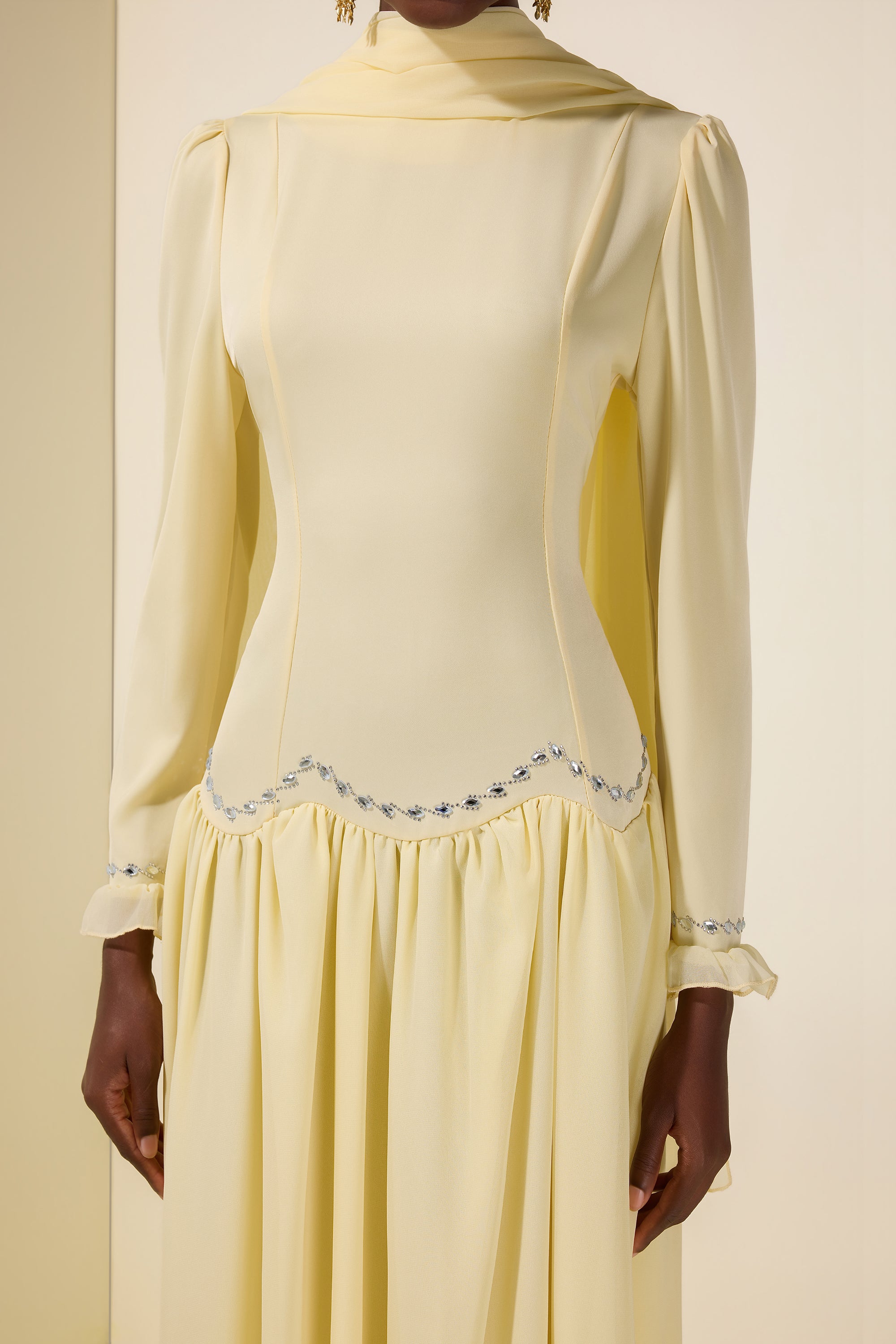 Satin Splicing Chiffon Rhinestone Maxi Dress