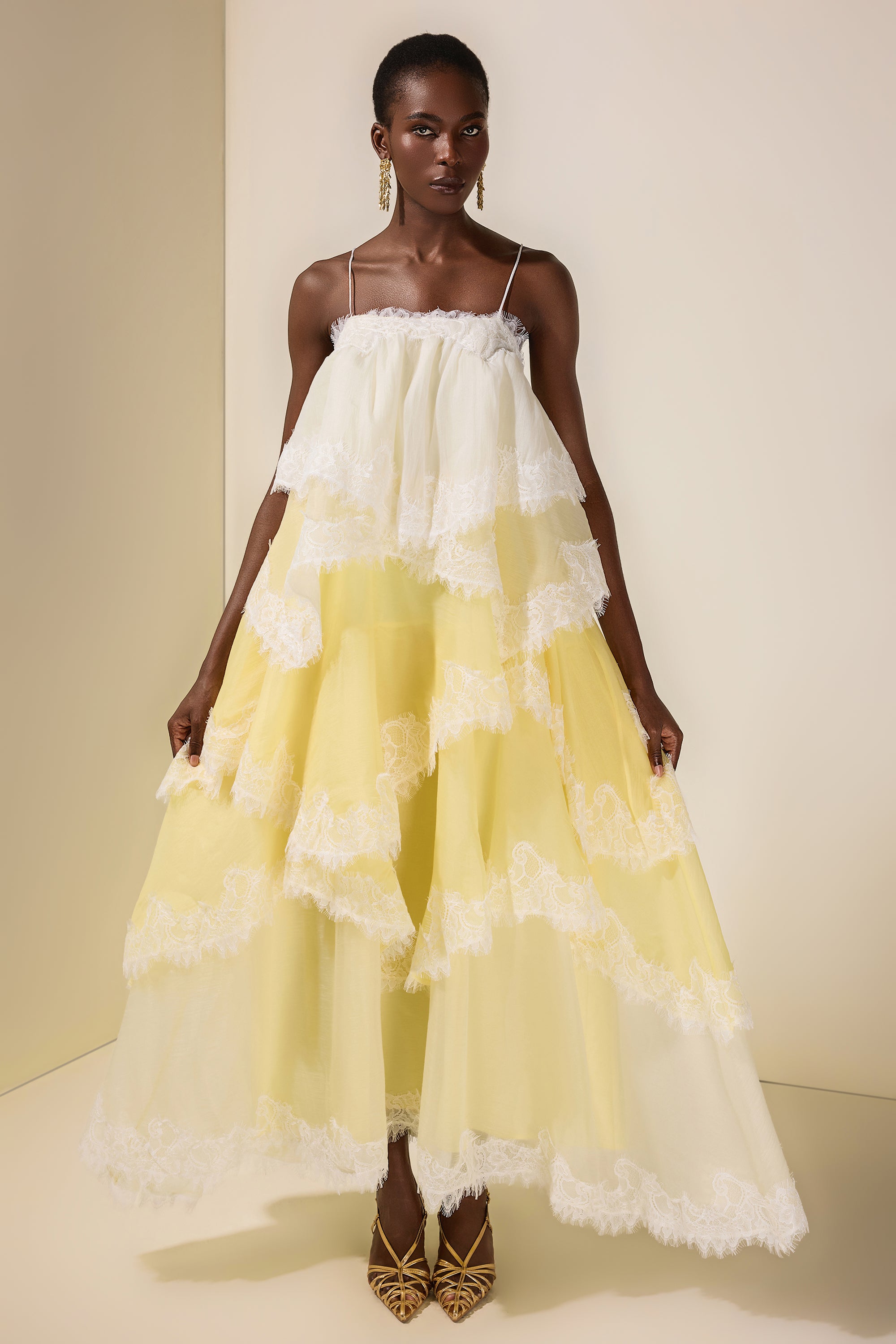 Chiffon Gradient Color Lace Maxi Dress