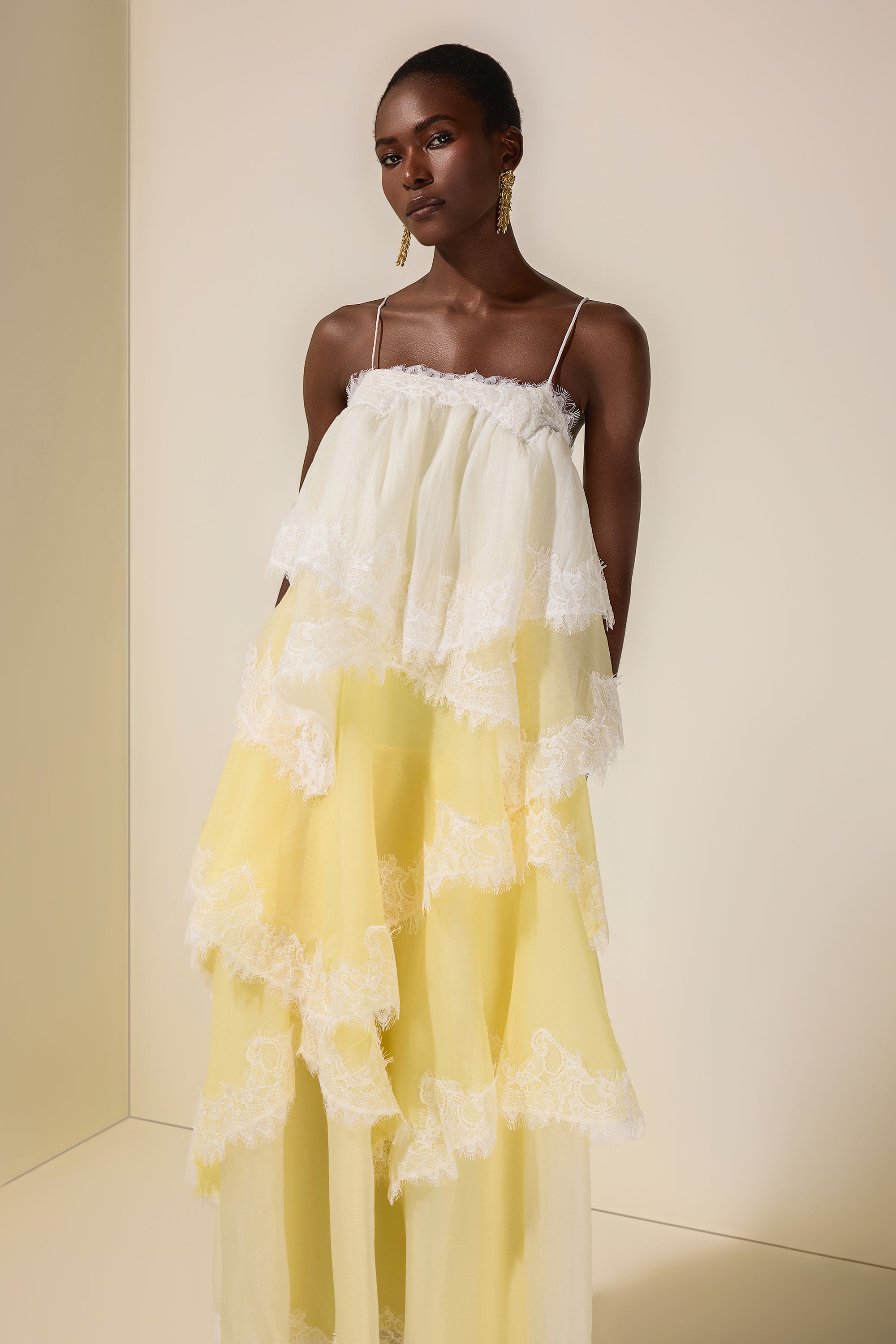 Chiffon Gradient Color Lace Maxi Dress