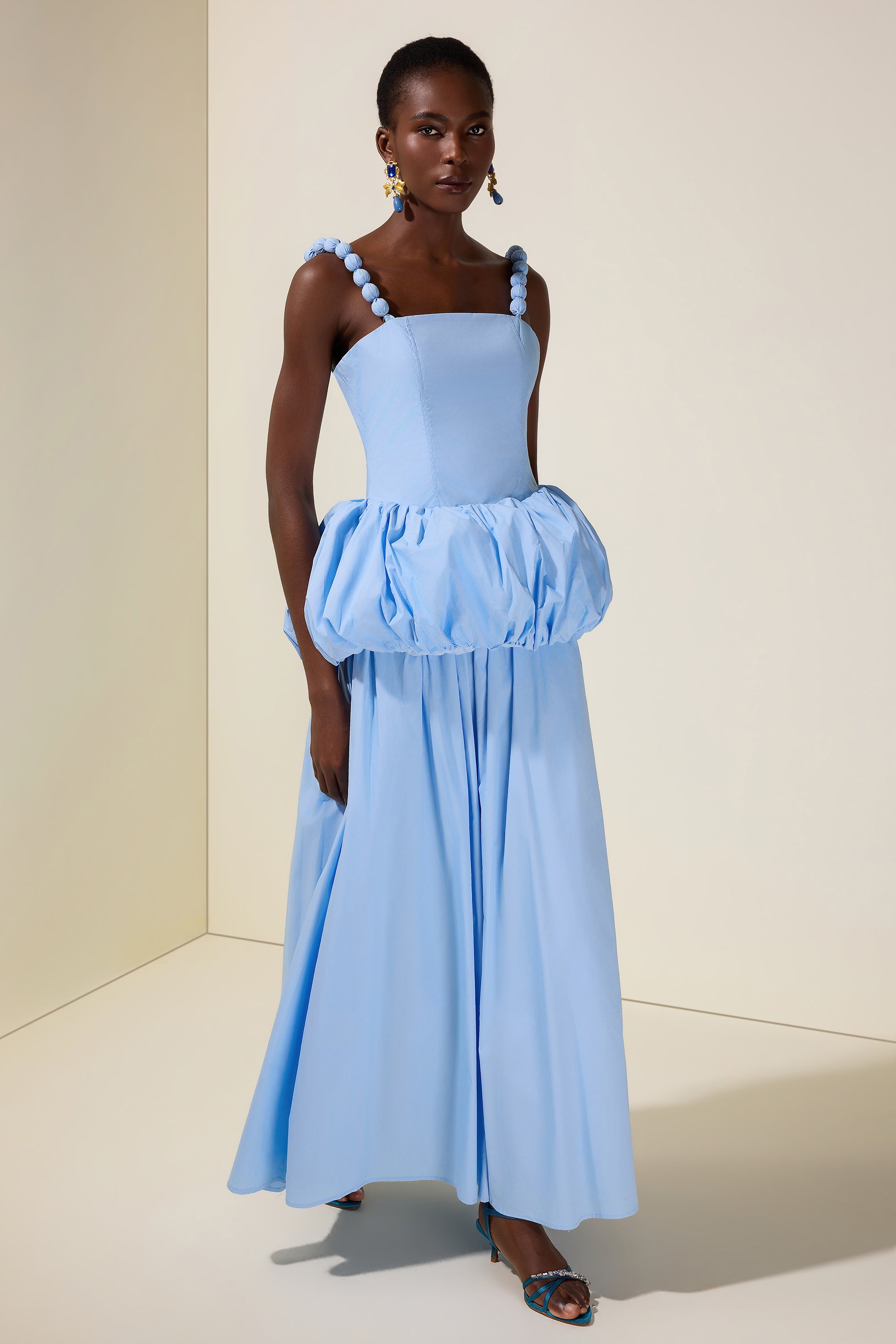 Solid Beaded Slip Puff Maxi Dress