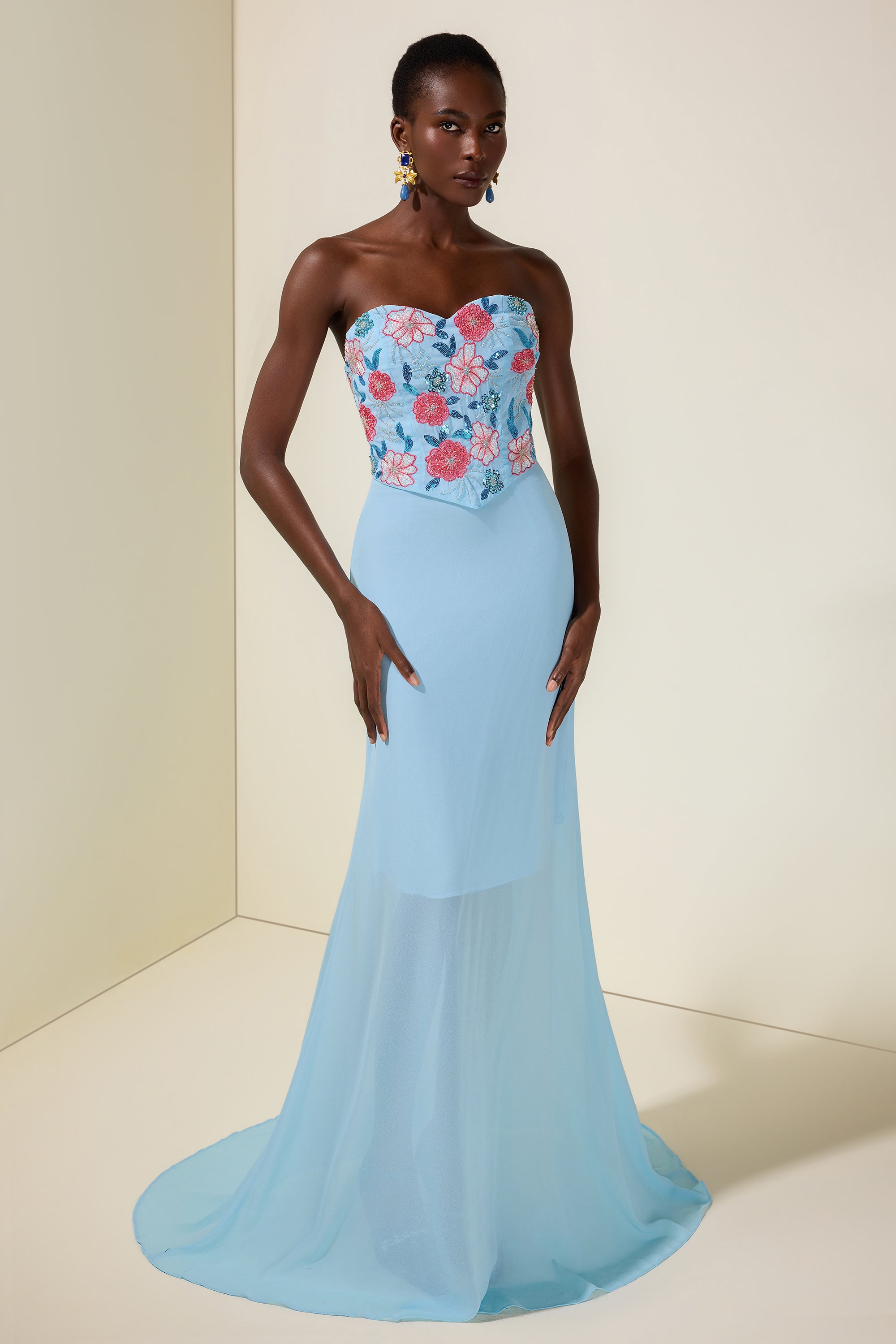 Chiffon Nail Bead Embroidery Off-Shoulder Maxi Dress