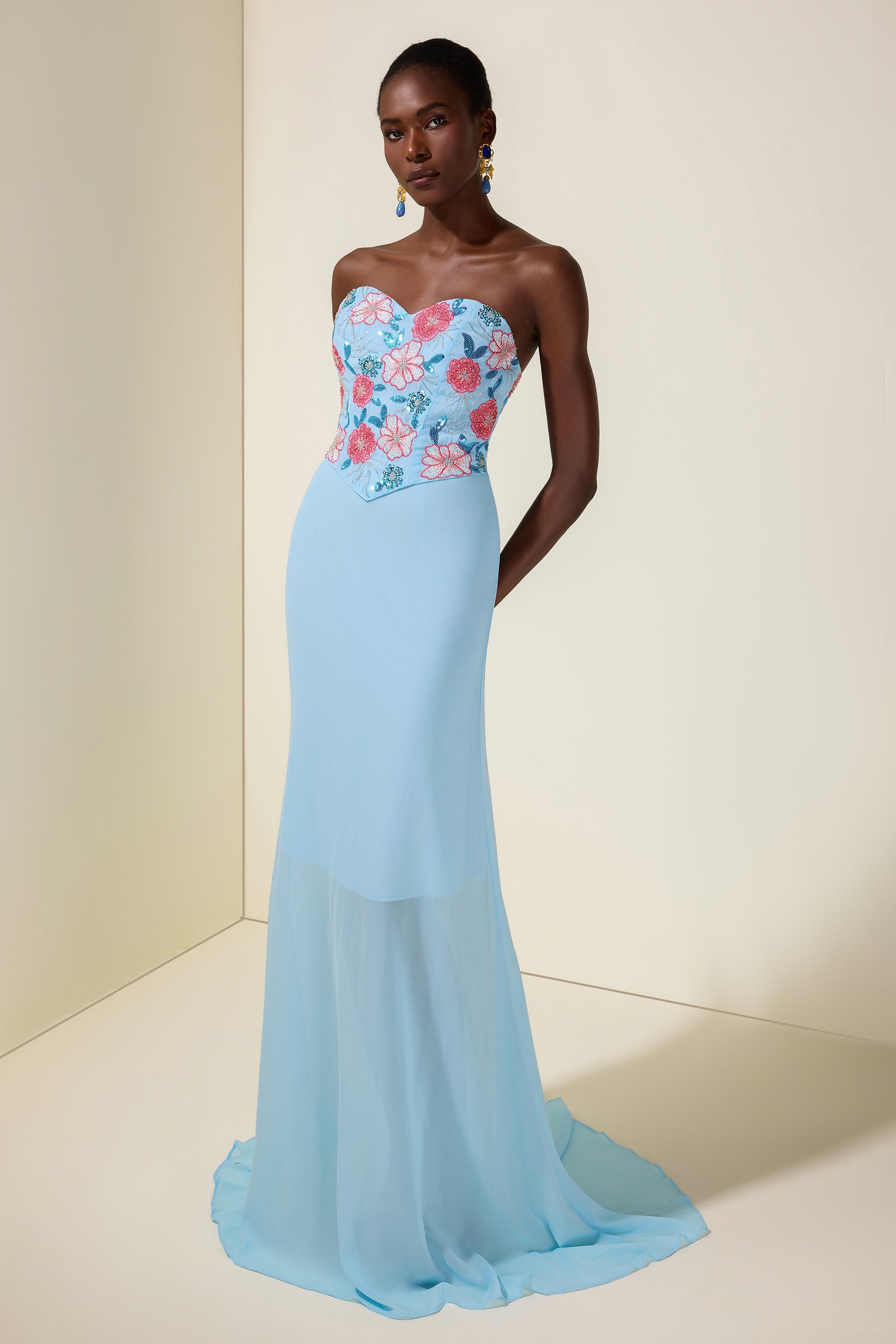 Chiffon Nail Bead Embroidery Off-Shoulder Maxi Dress