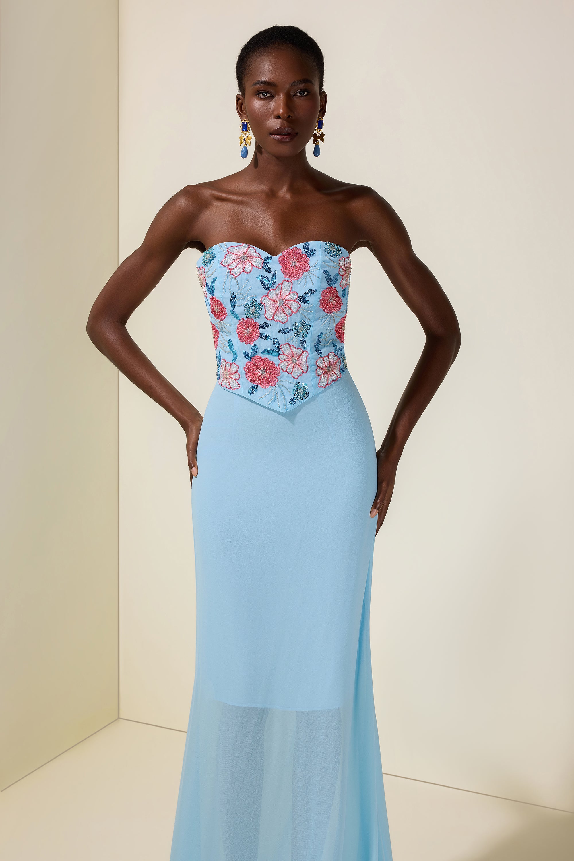 Chiffon Nail Bead Embroidery Off-Shoulder Maxi Dress