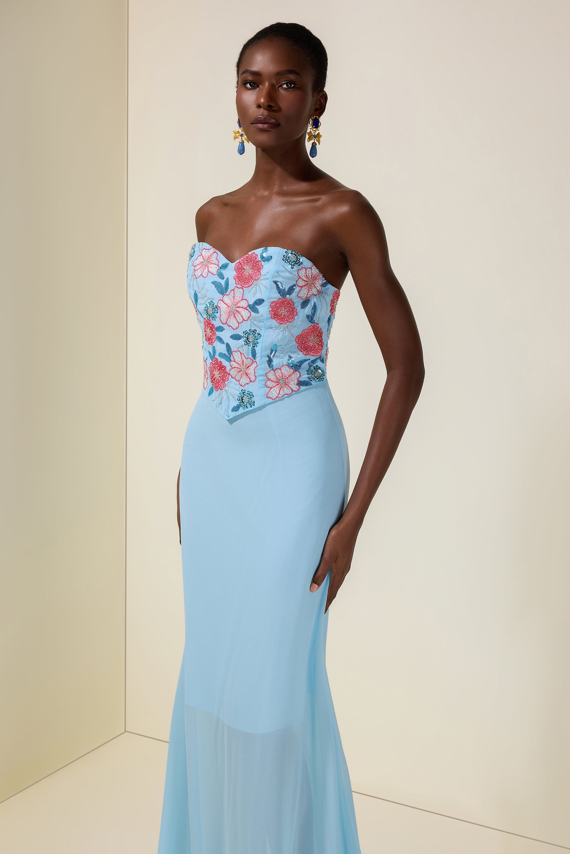 Chiffon Nail Bead Embroidery Off-Shoulder Maxi Dress