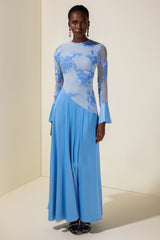 Embroidered Satin Bell Sleeve Maxi Dress