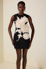 Contrast Color 3D Flower Round Neck Mini Dress