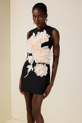 Contrast Color 3D Flower Round Neck Mini Dress