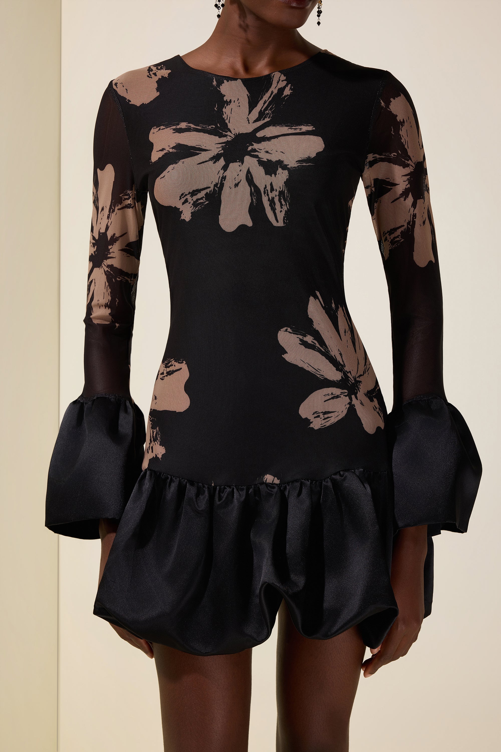 Mesh Splicing Satin Floral Mini Dress
