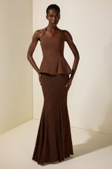 Solid Halter Neck Top & Lace Maxi Skirt Set
