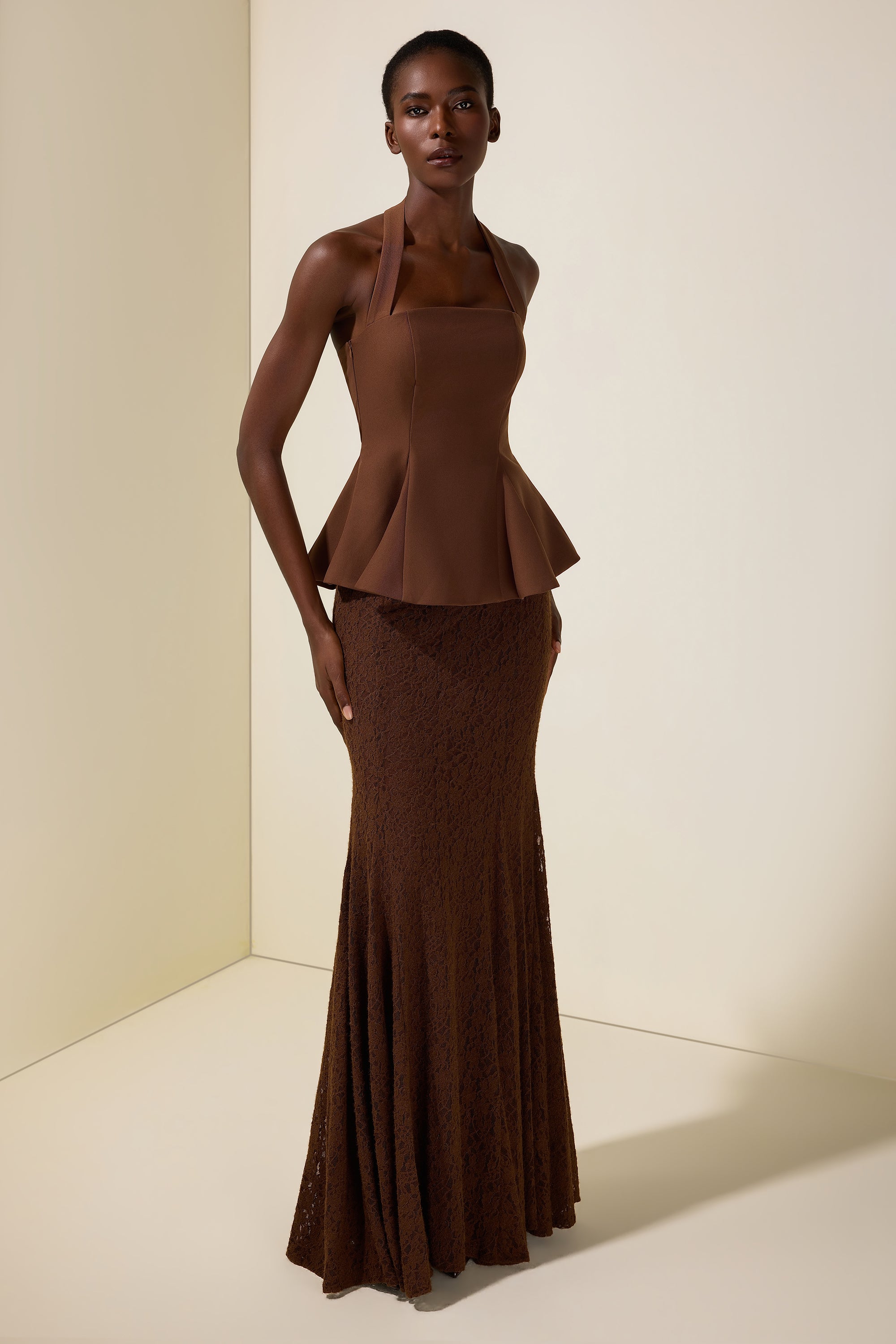 Solid Halter Neck Top & Lace Maxi Skirt Set