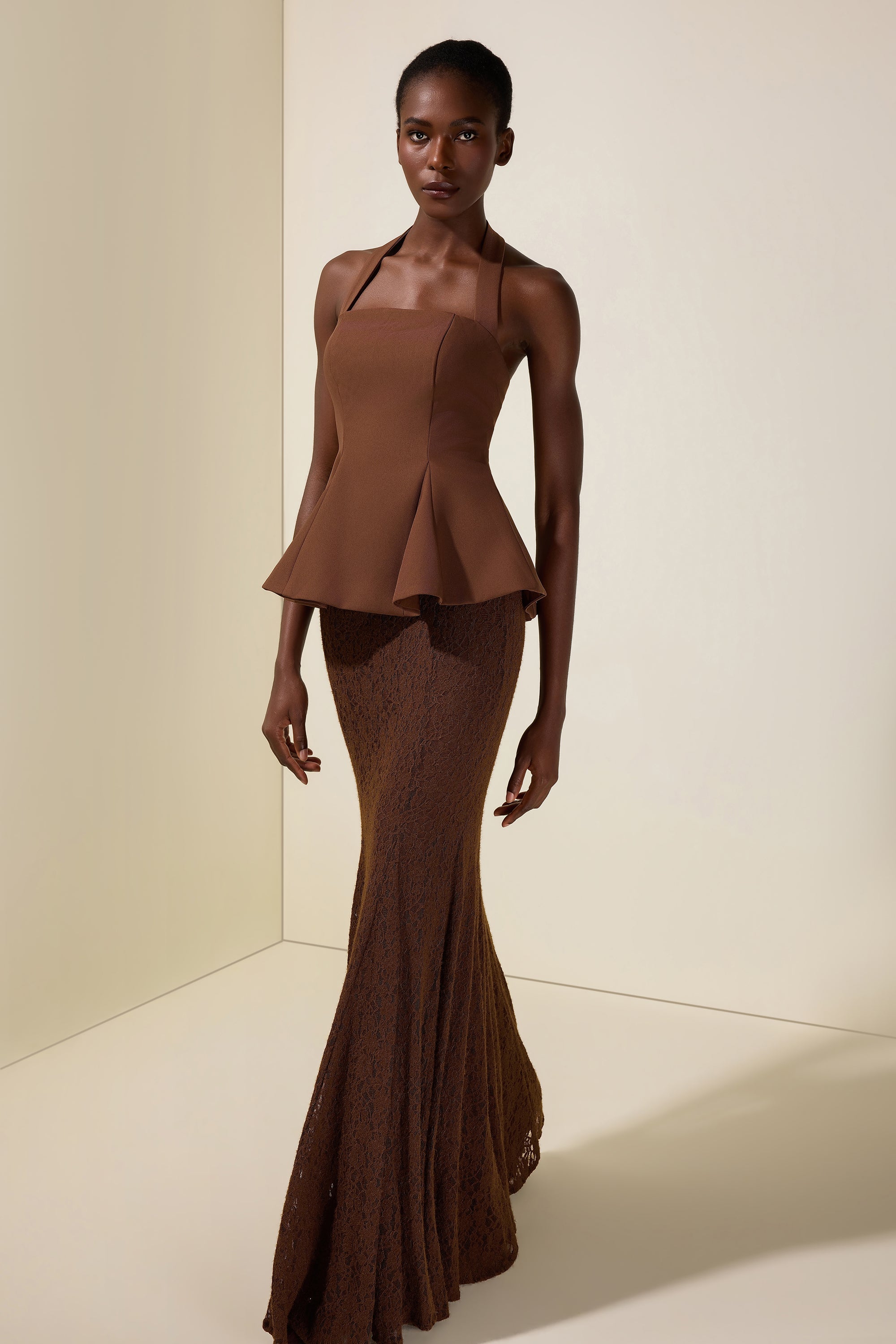 Solid Halter Neck Top & Lace Maxi Skirt Set