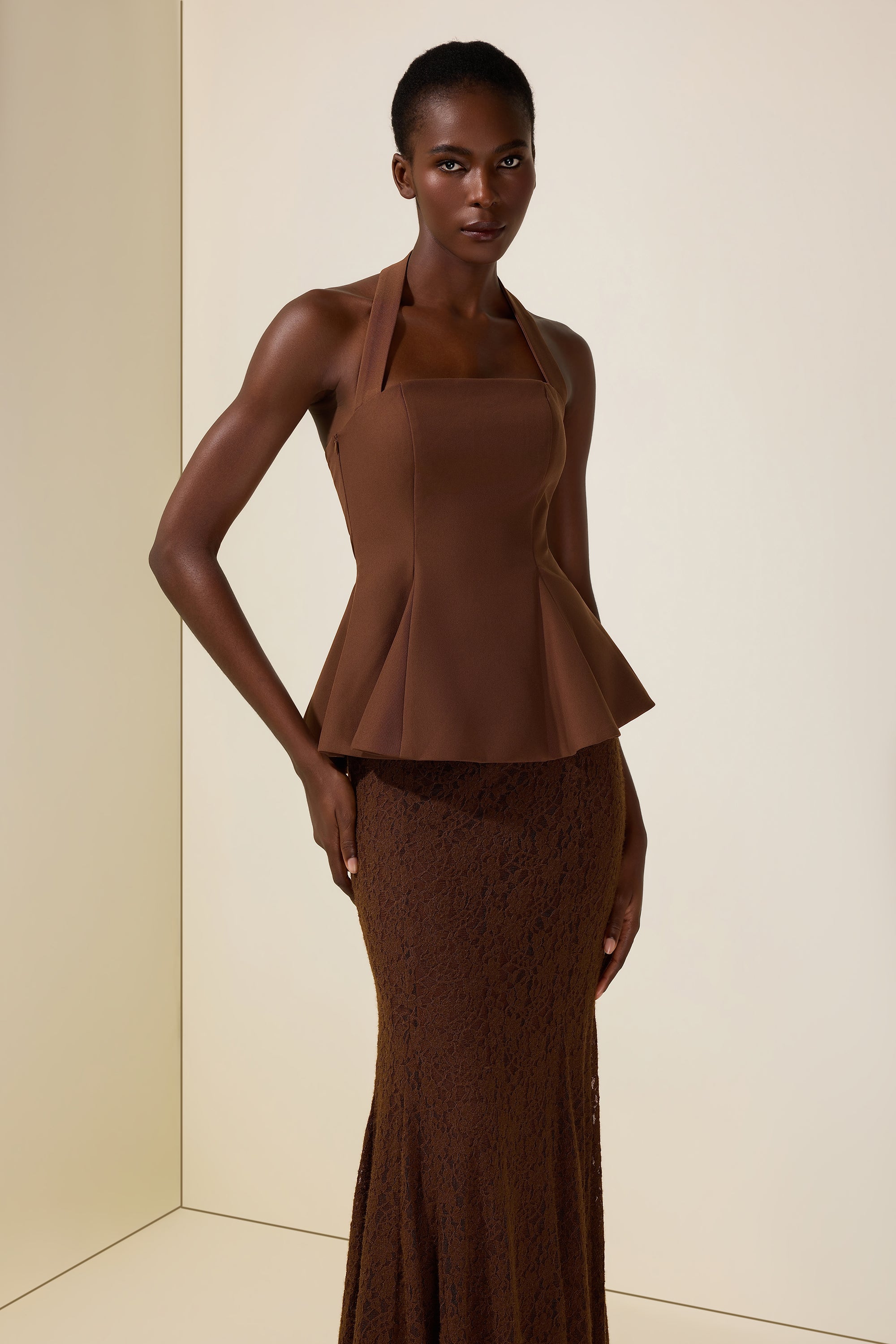 Solid Halter Neck Top & Lace Maxi Skirt Set